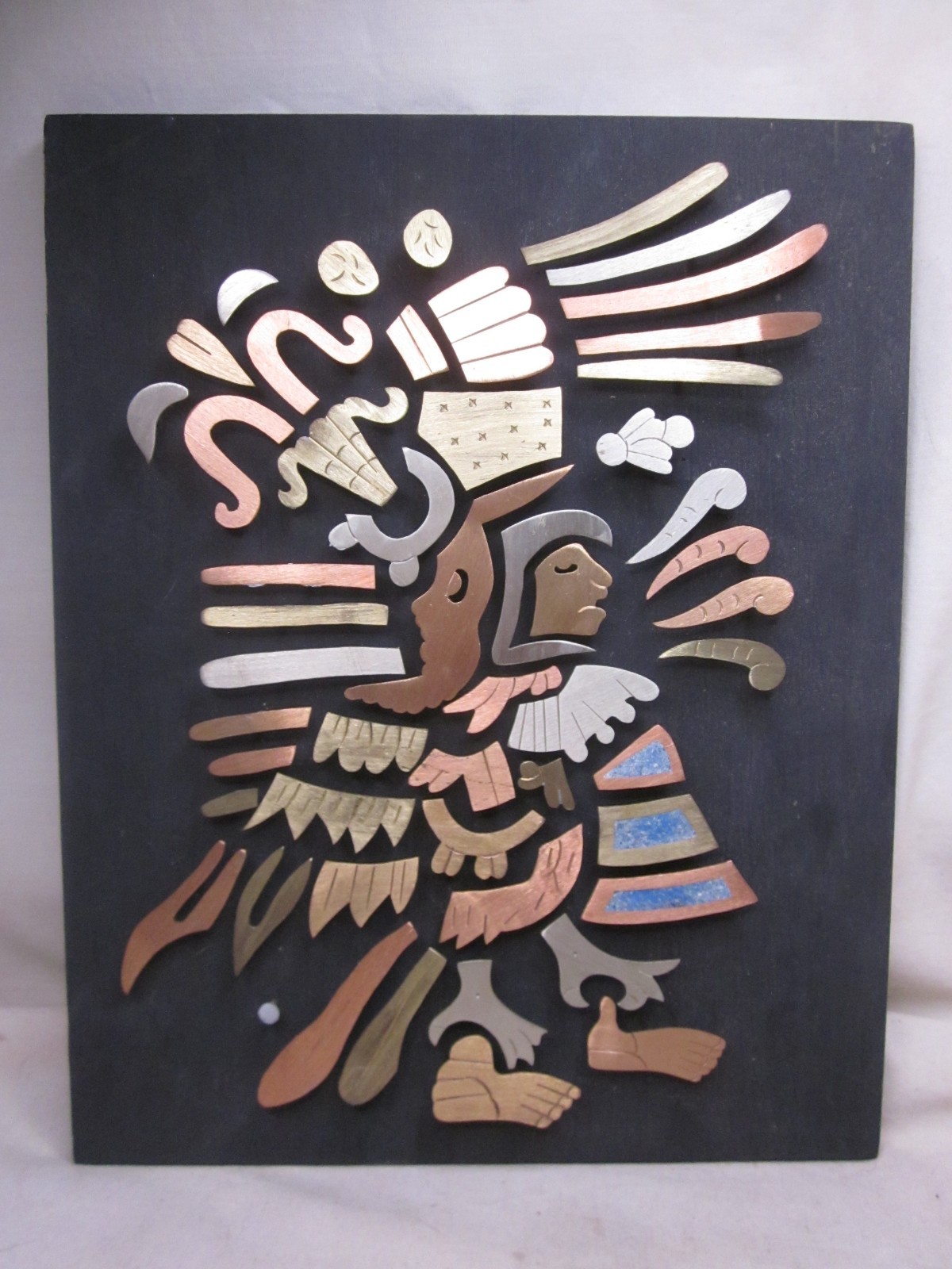 as-is vintage mixed metal Mexican inlay Aztec Mayn warrior wall plaque *NOTE as-is vintage mixed metal Mexican inlay Aztec Mayn warrior wall plaque *NOTE