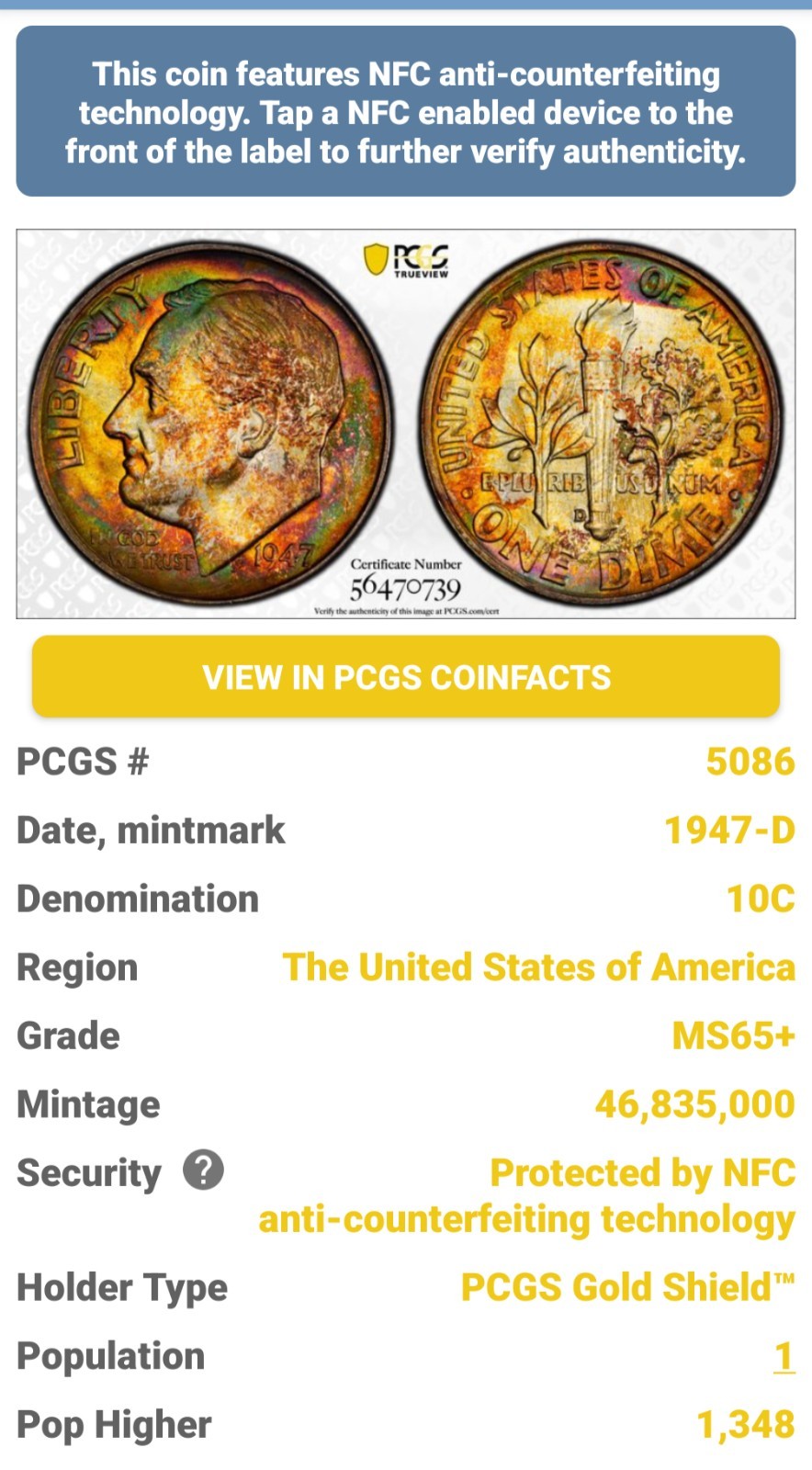 1947 D Roosevelt 10c WOW POP 1 in MS65+ PCGS Monster Toning 🌈 1947 D Roosevelt 10c WOW POP 1 in MS65+ PCGS Monster Toning 🌈