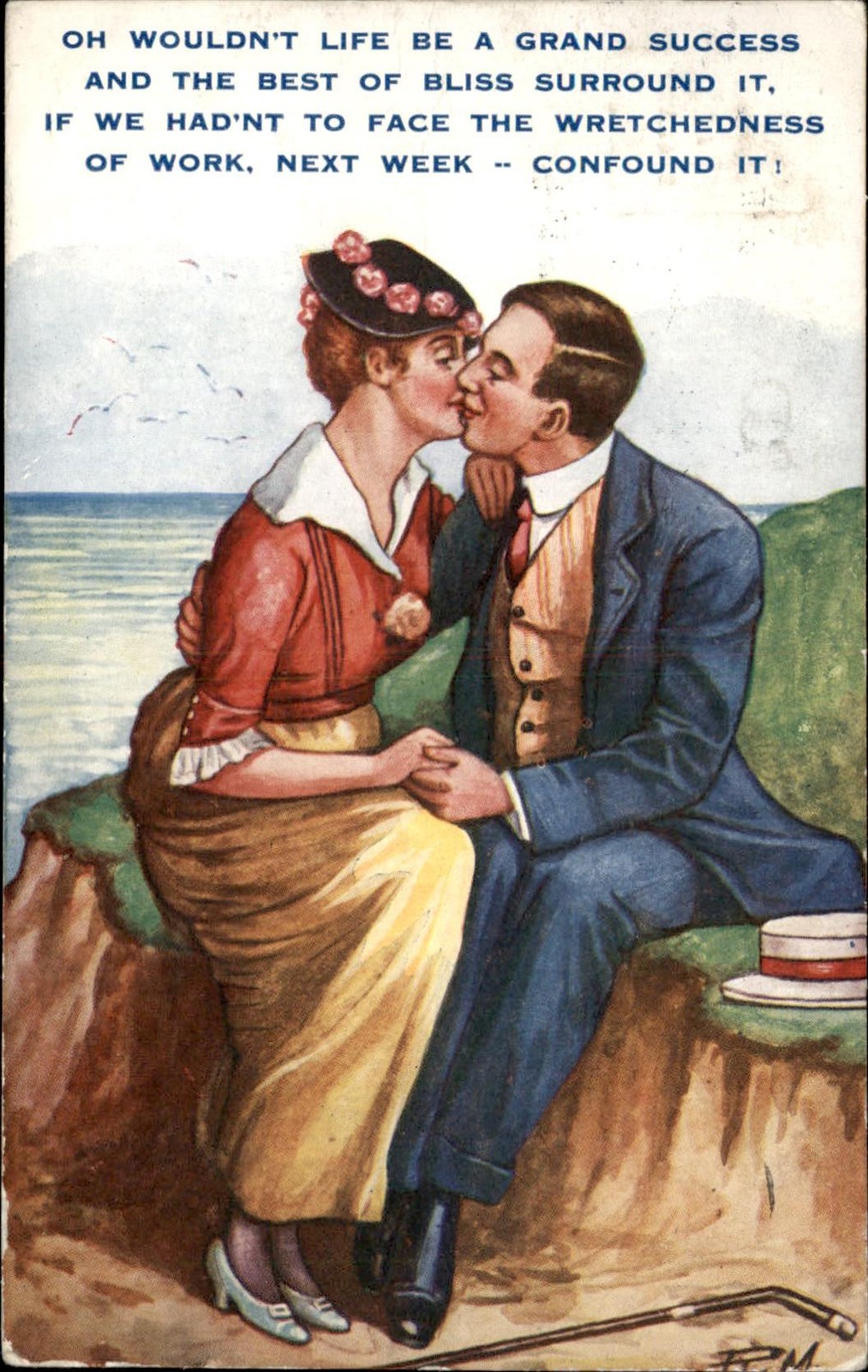 Kissing couple on seaside cliff Humor C.P.C. c1910s Vintage Postcard