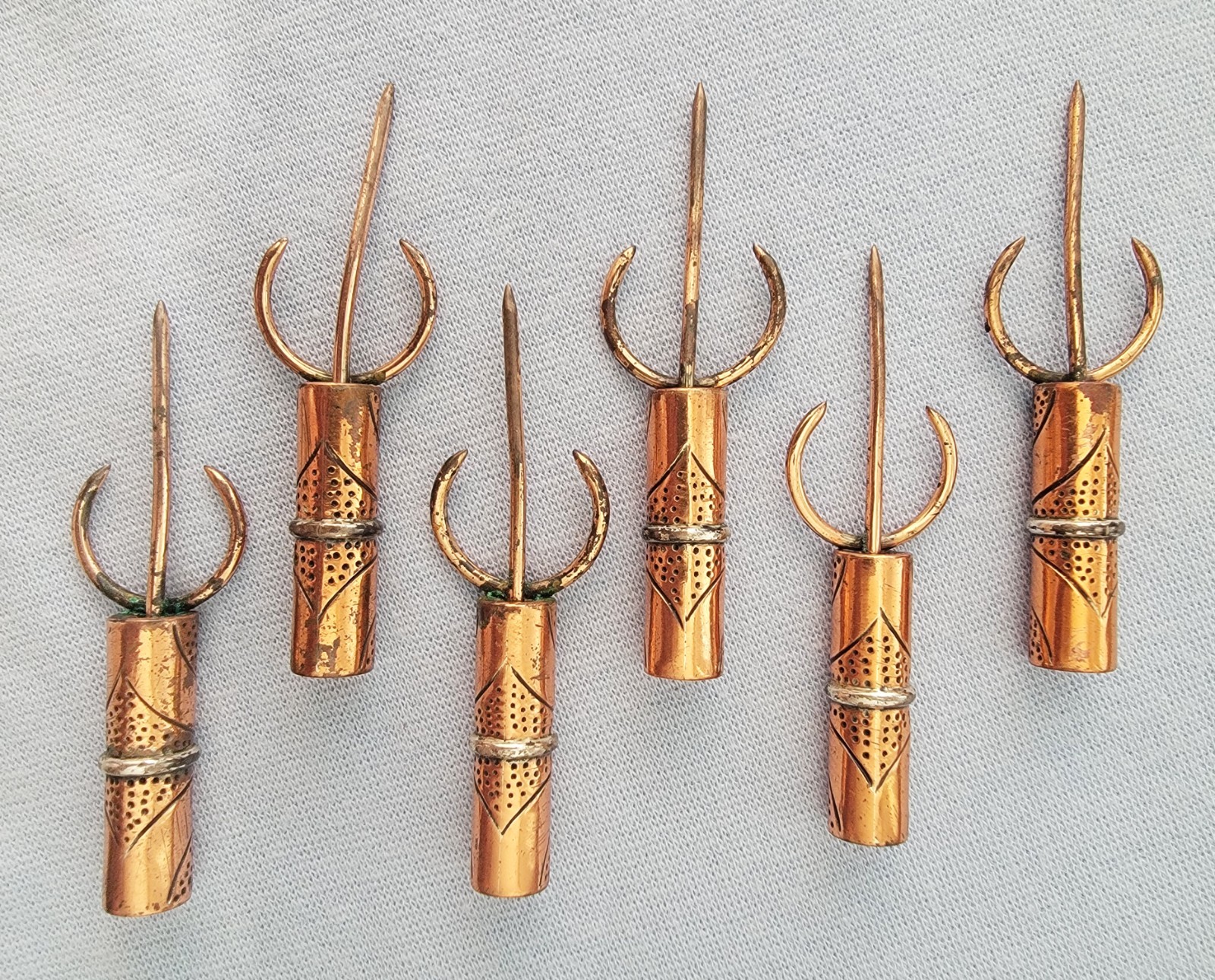 Set 6 Vtg Hand Crafted Victoria TAXCO Mexico COPPER COCKTAIL PICKS Hors D'oeuvre