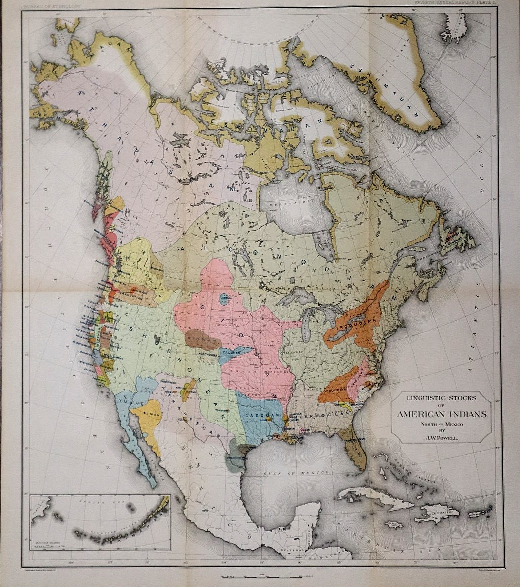 Antique 1885 - \'86 Map ~ American Indians North of Mexico by J. W. Powell 19x21 Antique 1885 - \'86 Map ~ American Indians North of Mexico by J. W. Powell 19x21