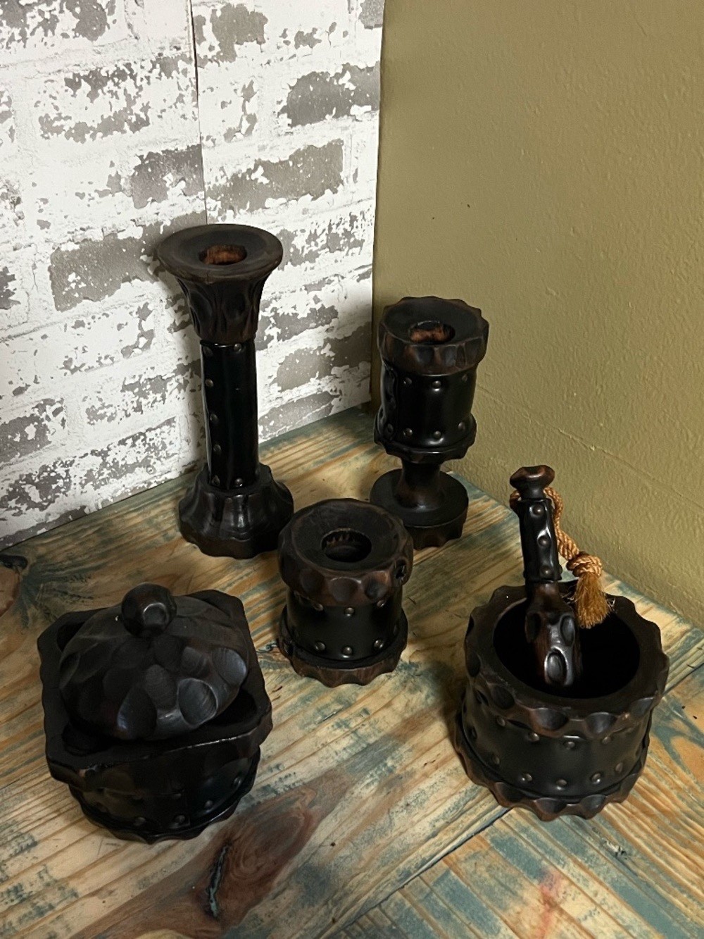 Vintage hand-carved wooden candle holder mortar & pestle, Tobacco box set Vintage hand-carved wooden candle holder mortar & pestle, Tobacco box set
