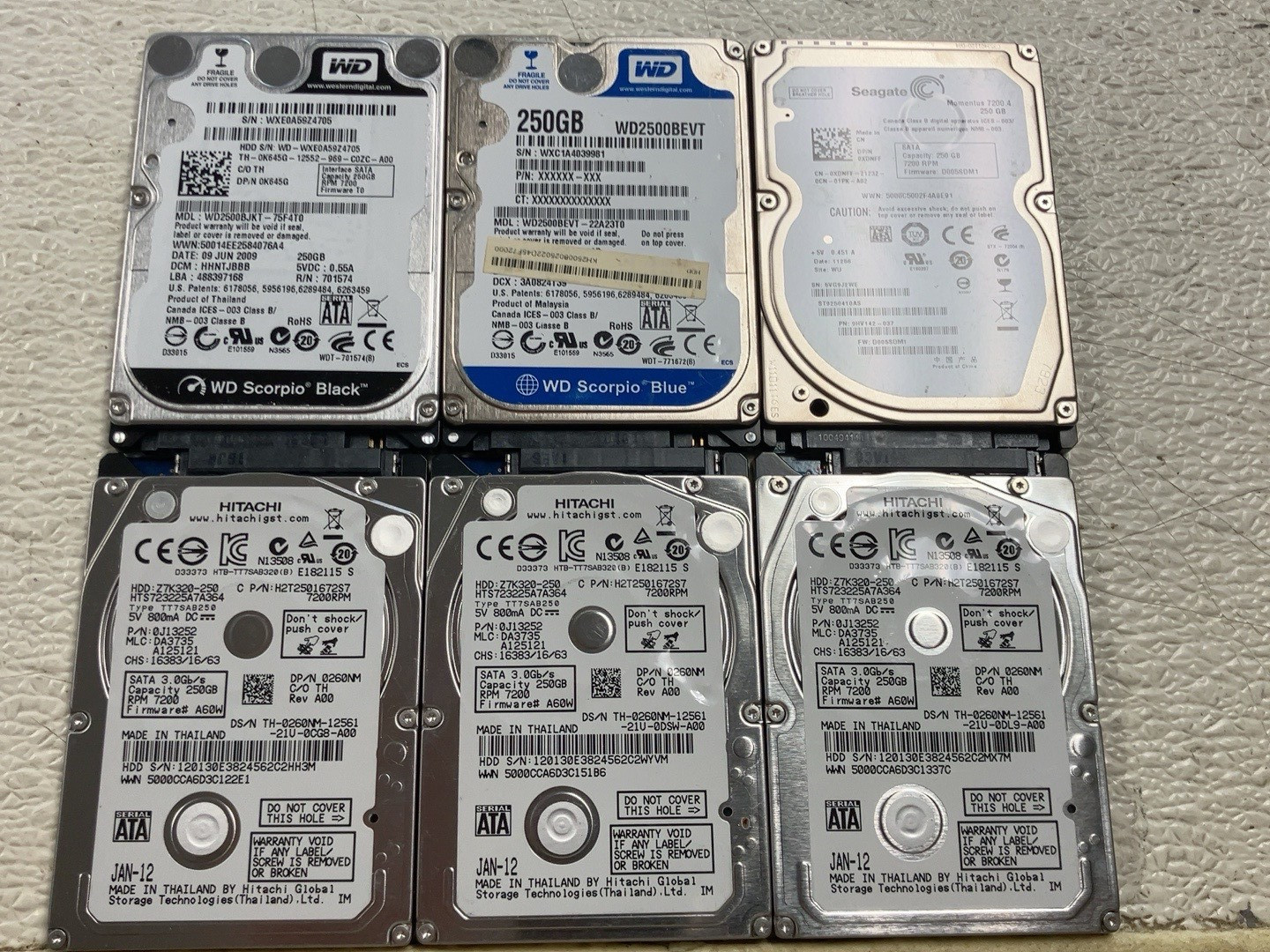 Lot of 6 250GB 2.5\