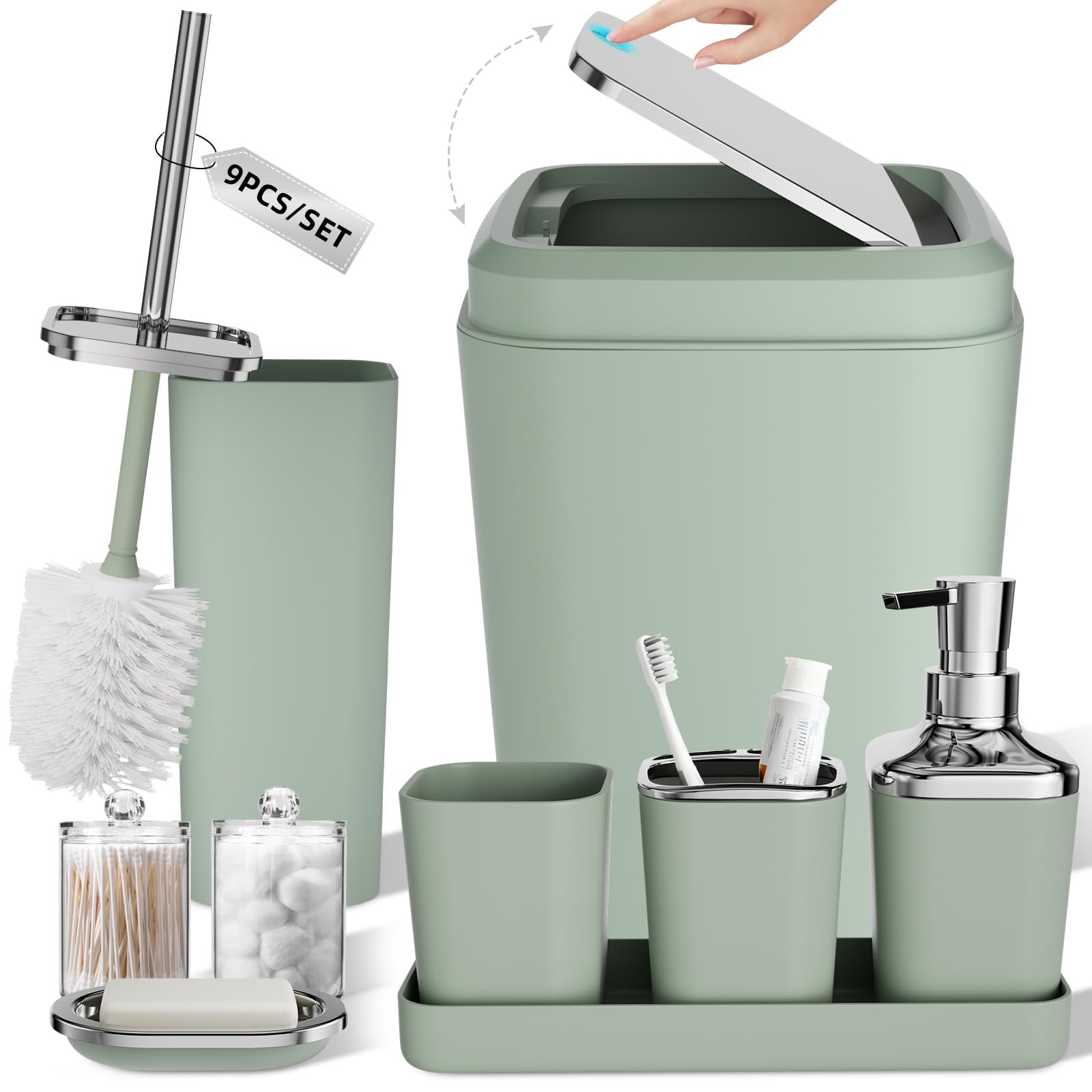 XLHOMO Sage Green Bathroom Set, Press-lid and Silver XLHOMO Sage Green Bathroom Set, Press-lid and Silver