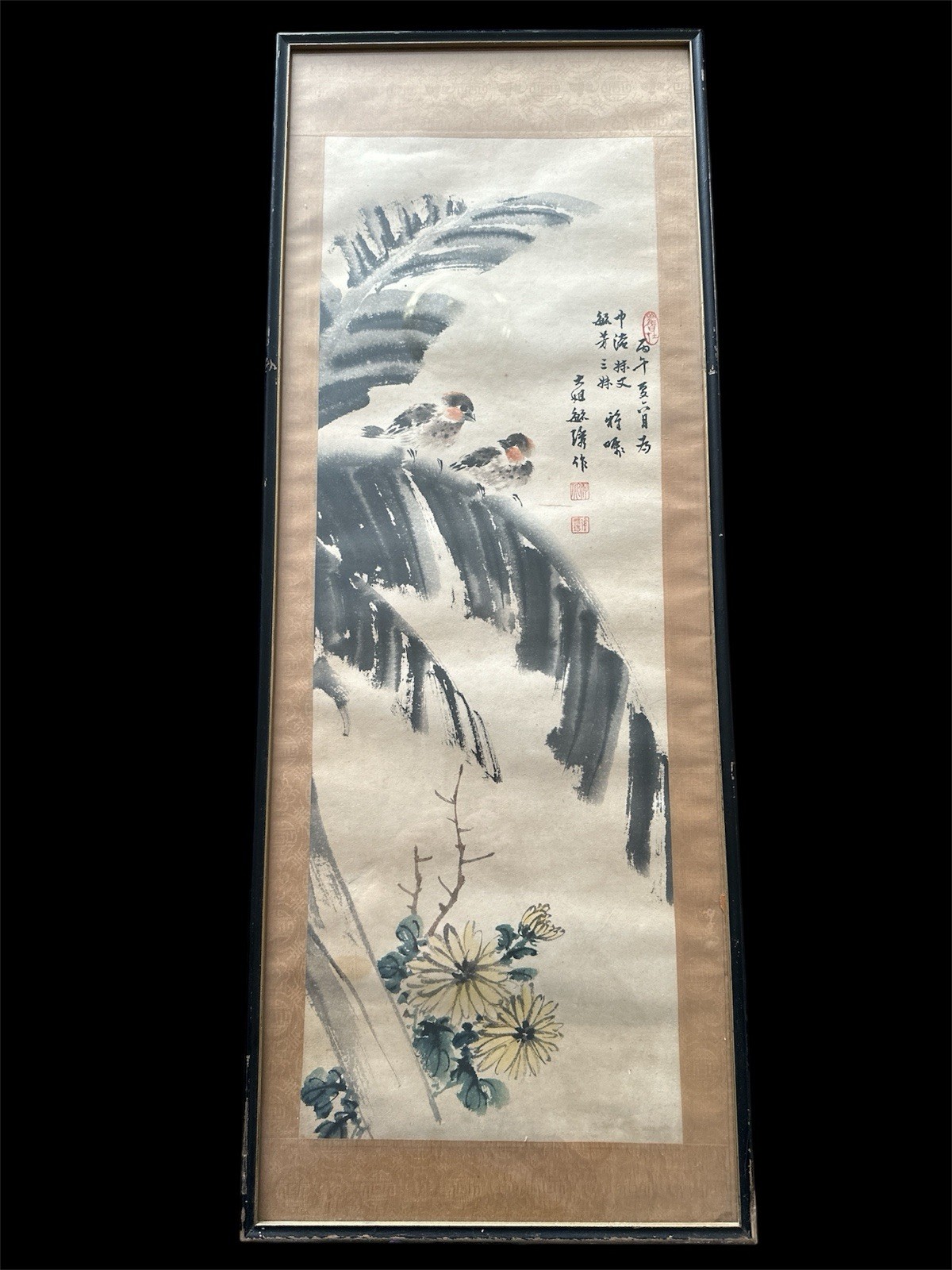 Framed Chinese Hand Painted Calligraphy Scroll Of Sparrows Birds On Palm Signed Framed Chinese Hand Painted Calligraphy Scroll Of Sparrows Birds On Palm Signed