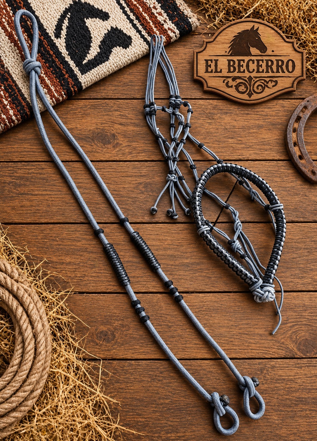 Bosal Riendas Gris Negro Charras Gray Black Horse Halter/ Lead Rope