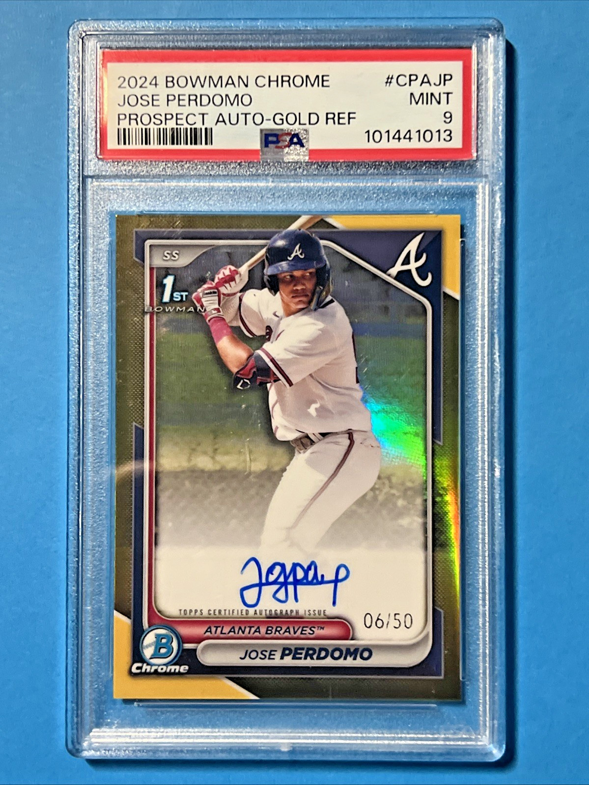 2024 Bowman Chrome Prospect True Gold Jose Perdomo Braves RC AUTO /50 PSA 9 2024 Bowman Chrome Prospect True Gold Jose Perdomo Braves RC AUTO /50 PSA 9