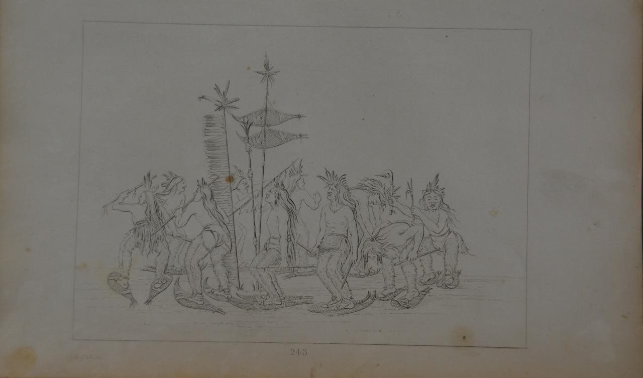 Antique 1840\'s Native American Engraving Art Chippewa Tribe Snow Shoe Dance