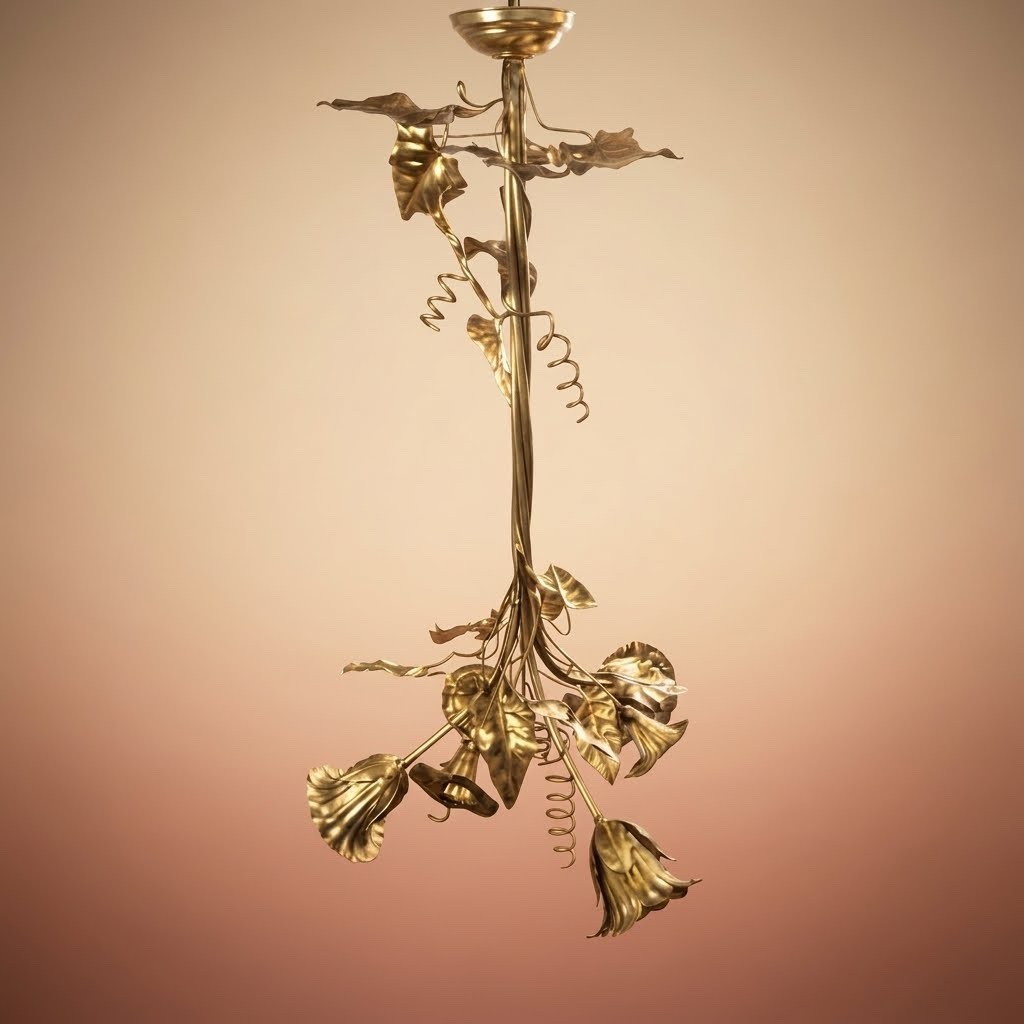 Rare Antique Art Nouveau Gilt Bronze Floral Chandelier Leaf Pendant Hanging Lamp Rare Antique Art Nouveau Gilt Bronze Floral Chandelier Leaf Pendant Hanging Lamp