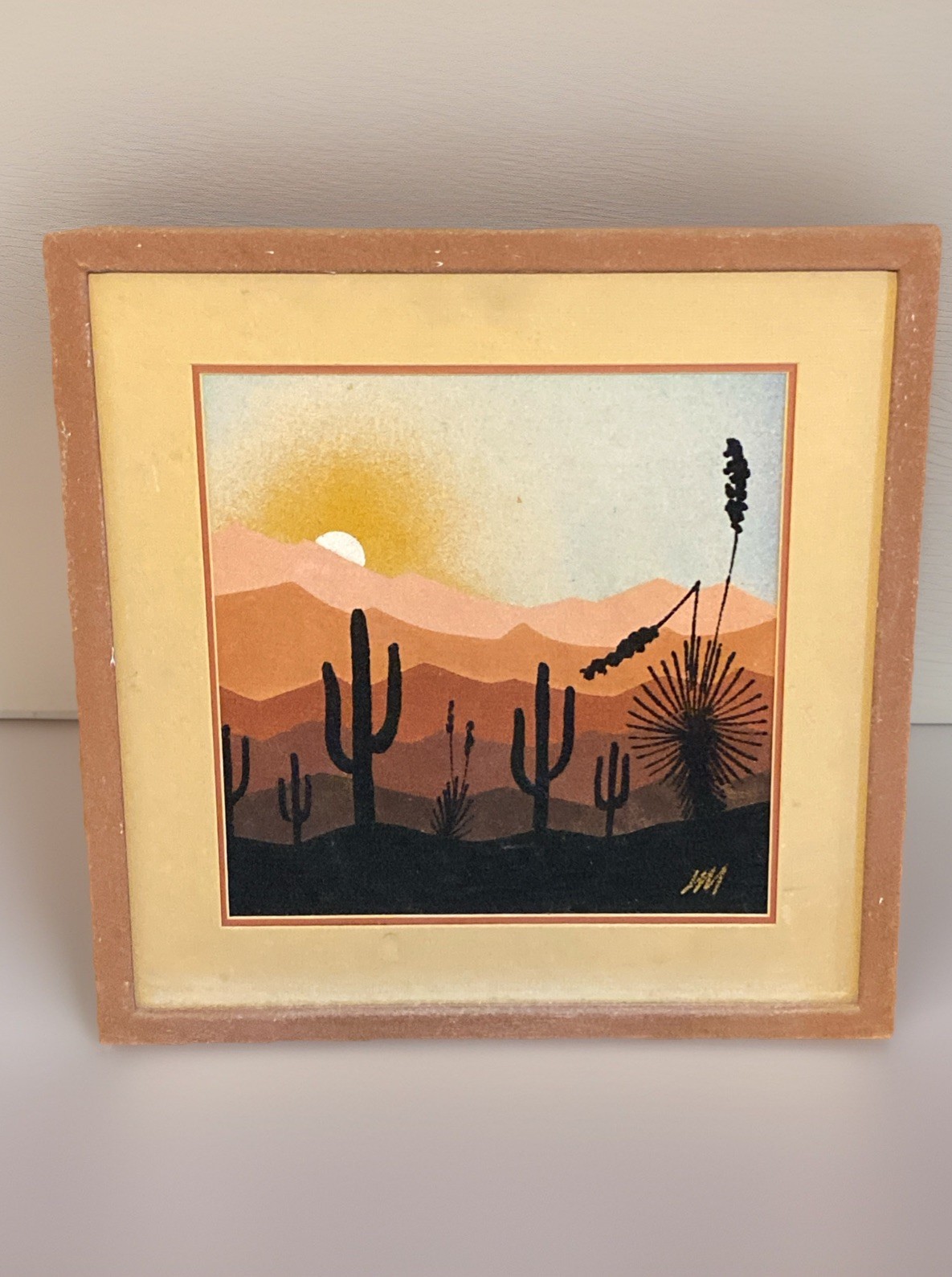Vintage Sand Painting On Board Signed Sunset Vintage Sand Painting On Board Signed Sunset