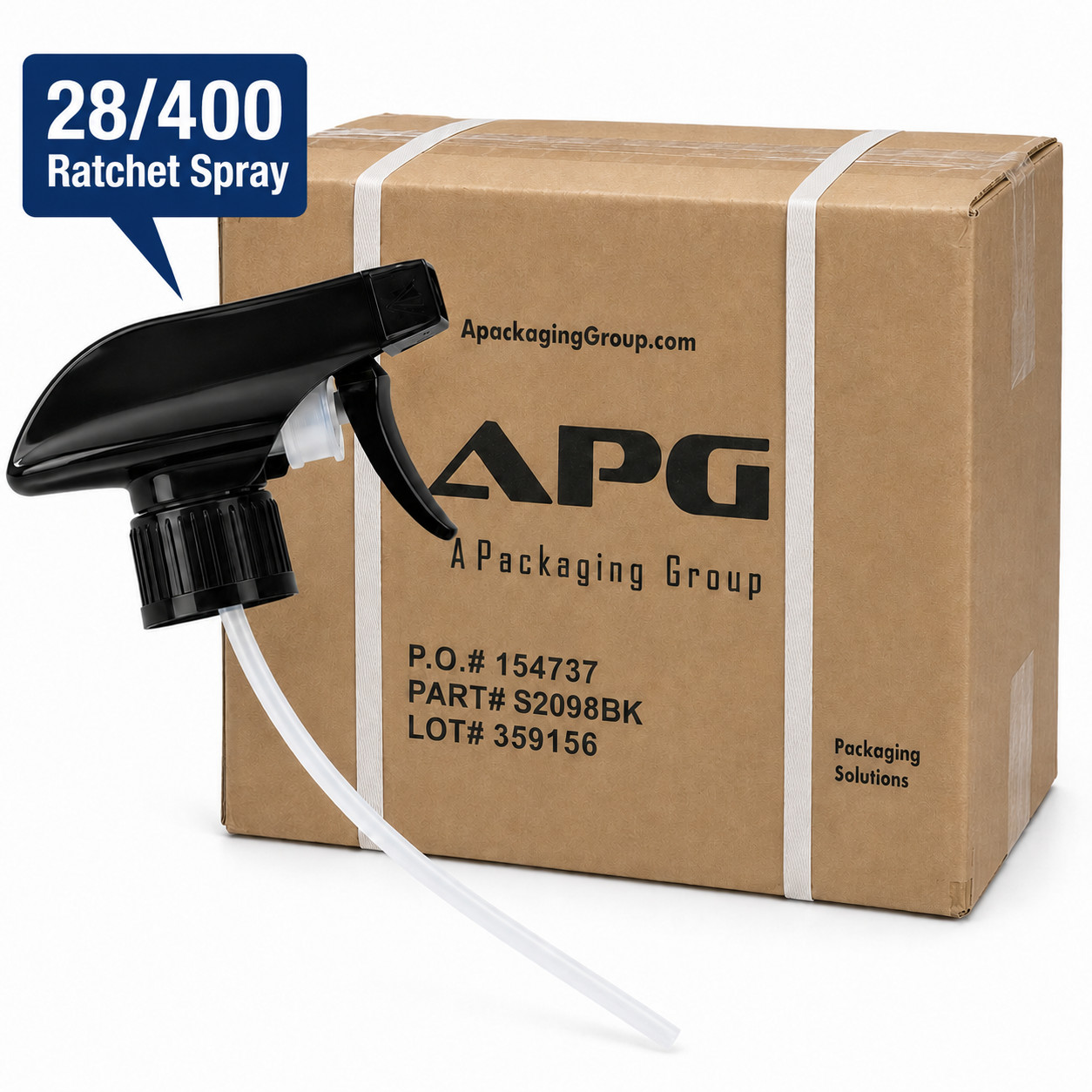Black Trigger Sprayer 28/400 Ratchet Spray/Off Head w/ Dip Tube, Bulk Case 400pc