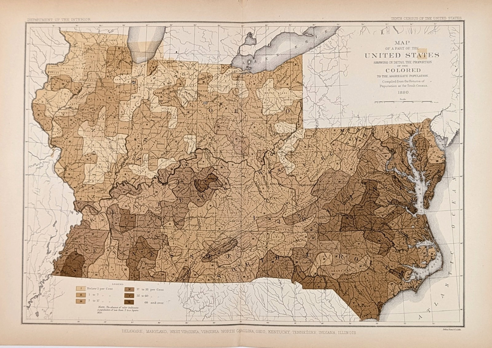 1880 Map NORTH CAROLINA  VIRGINIA  OHIO  KENTUCKY  TENNESSEE  COLORED POPULATION