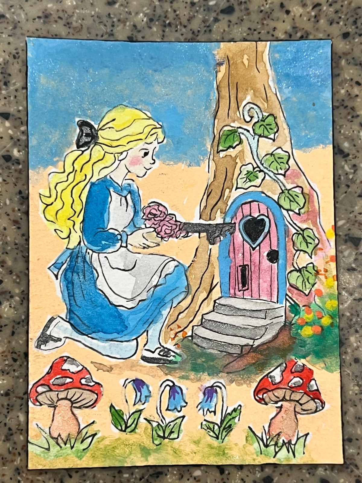 Original ACEO Watercolor  Acrylic Art, To Where it May Lead, Alice in Wonderland