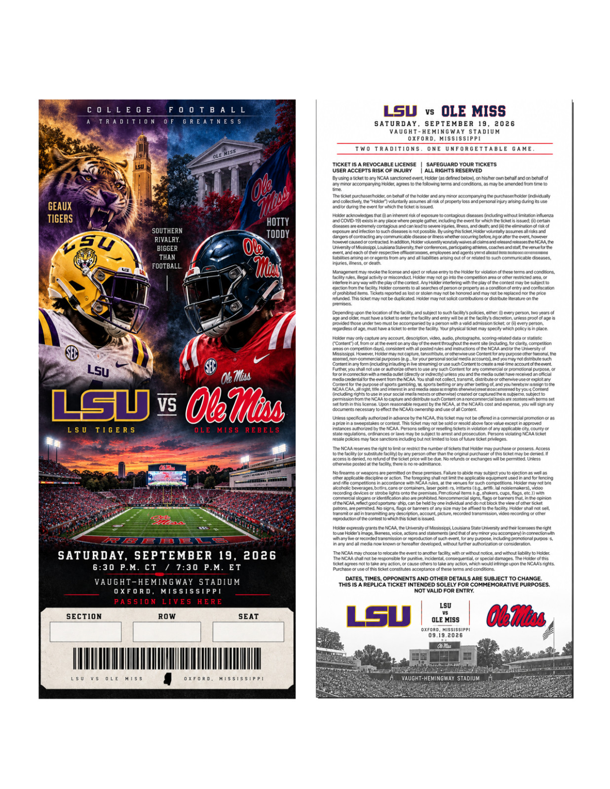 Ole Miss Vs LSU September 19th 2026 Commemorative Ticket Stub Custom Ole Miss Vs LSU September 19th 2026 Commemorative Ticket Stub Custom