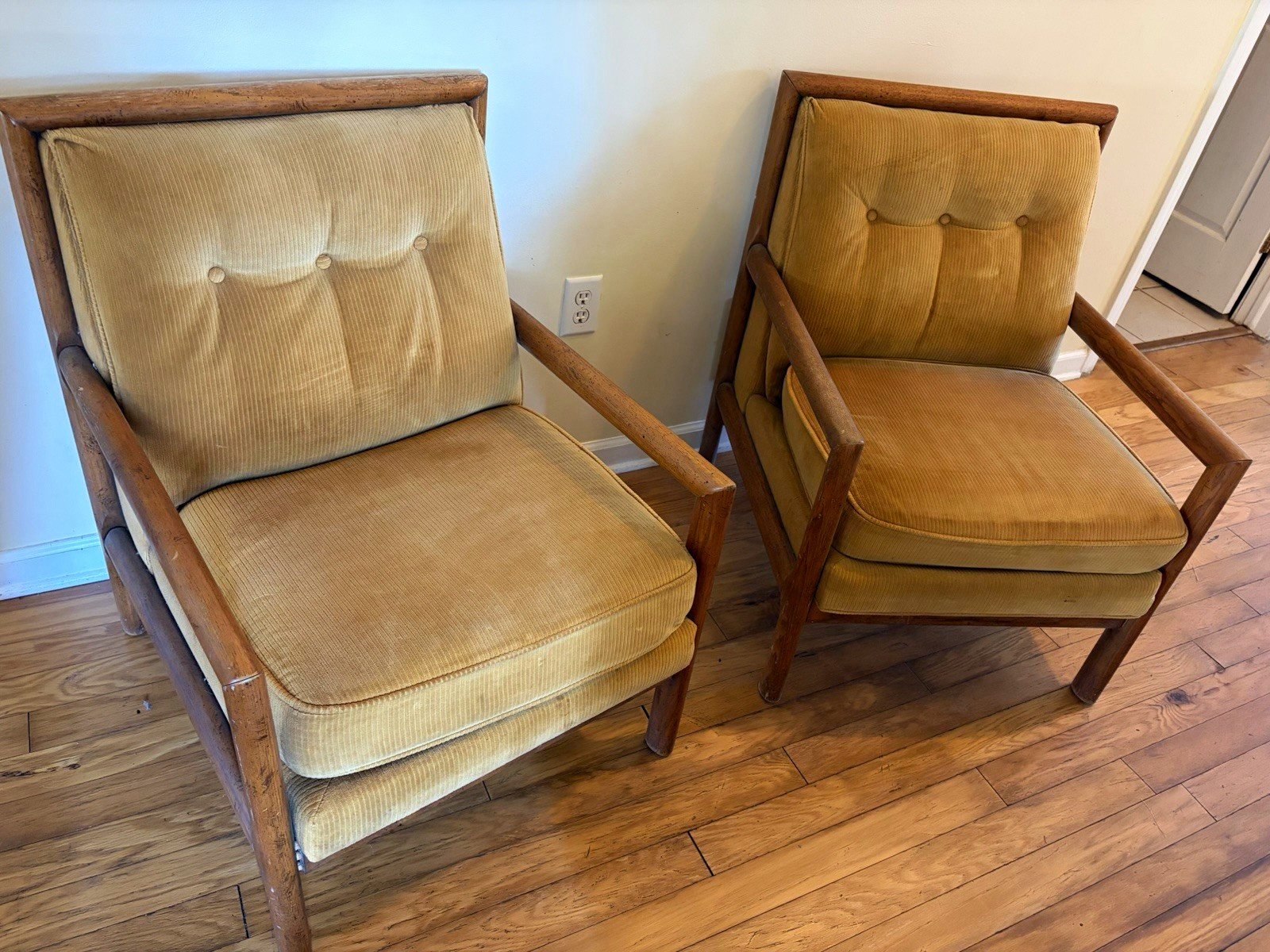 Mid-Century 1960 Vintage Pair of Upholstered Wood Arm Accent Chairs, Mustard Mid-Century 1960 Vintage Pair of Upholstered Wood Arm Accent Chairs, Mustard