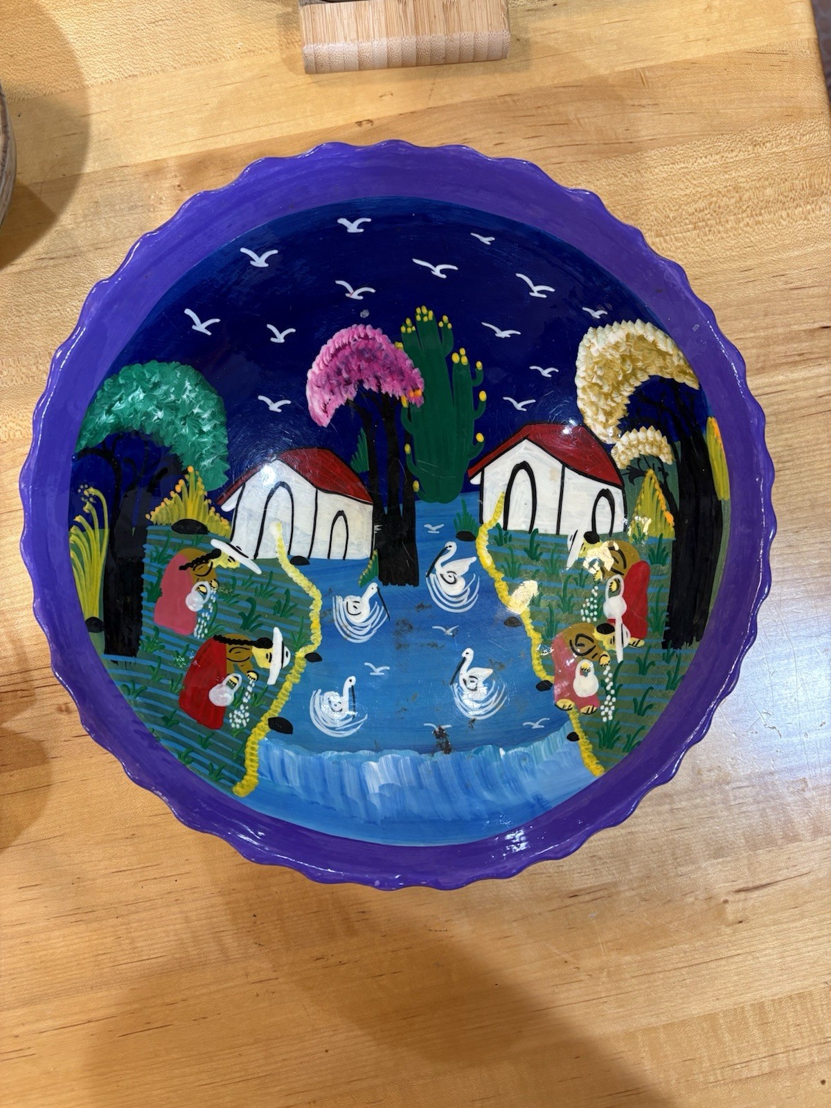 VTG Mexican Folk Art Hand-Painted Hanging Terracotta Story Bowl / Plaque – 9.25