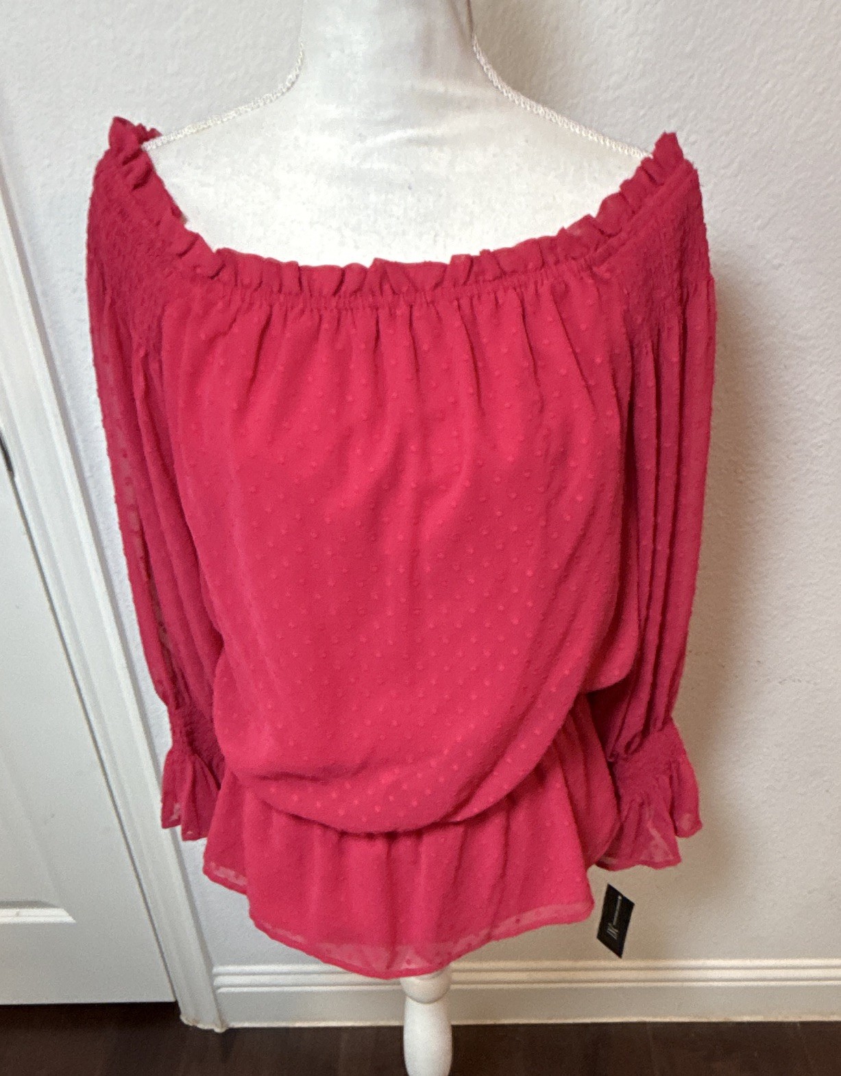 INC International Concepts Womens L Pink Off-Shoulder Smocked Ruffle Chiffon