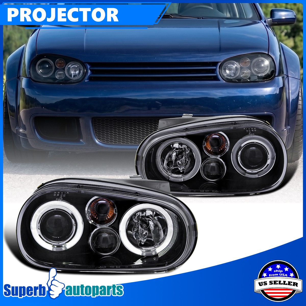 Fit 1999-2006 Volkswagen VW Golf GTI Halo Projector Headlight Glossy Black Smoke Fit 1999-2006 Volkswagen VW Golf GTI Halo Projector Headlight Glossy Black Smoke