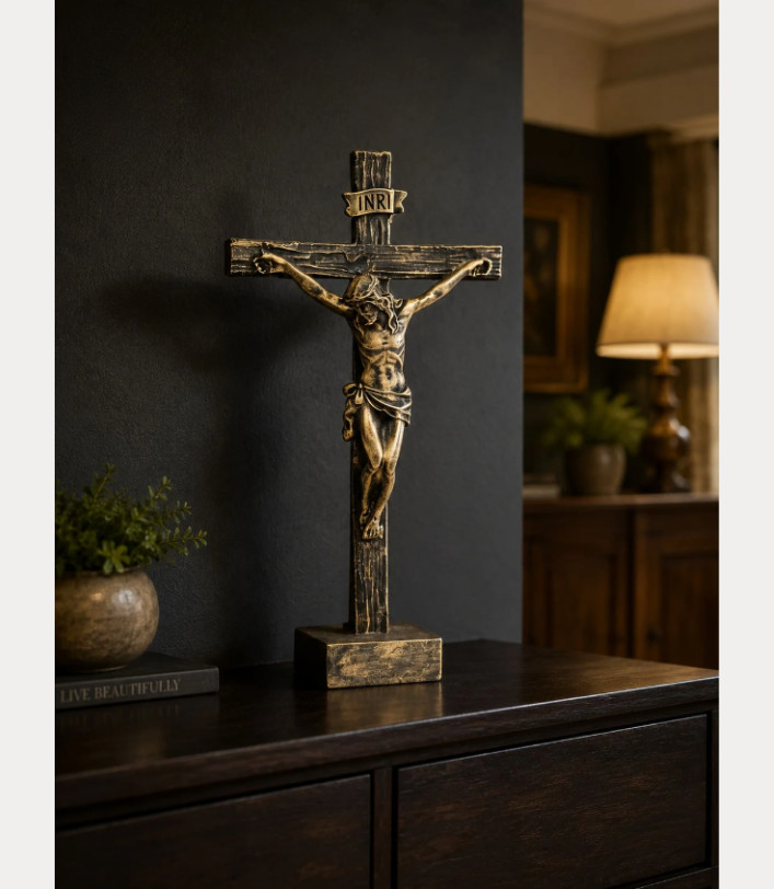 Antique Bronze Tabletop Crucifix Jesus Cross Catholic Religious Decor 10.43in