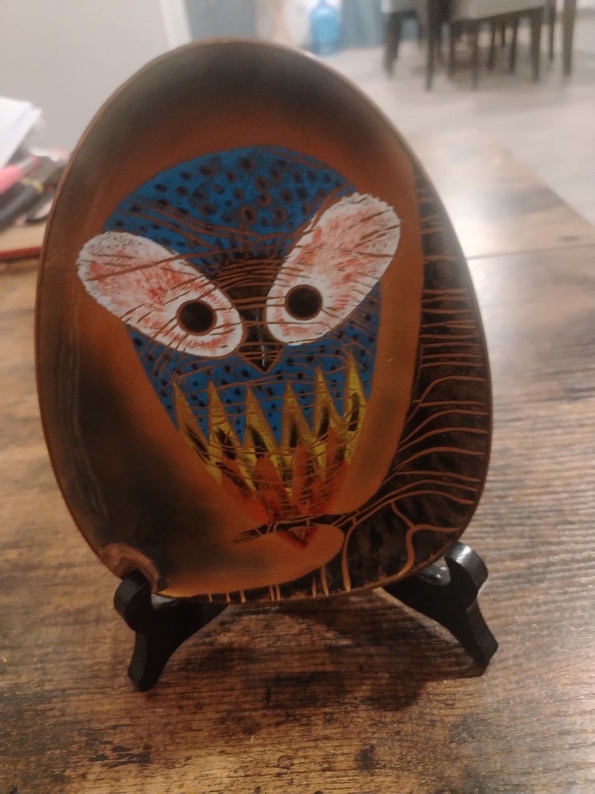 Vintage Miguel Pineda Mexican CopperEnamel Owl Dish Folk Art Signed