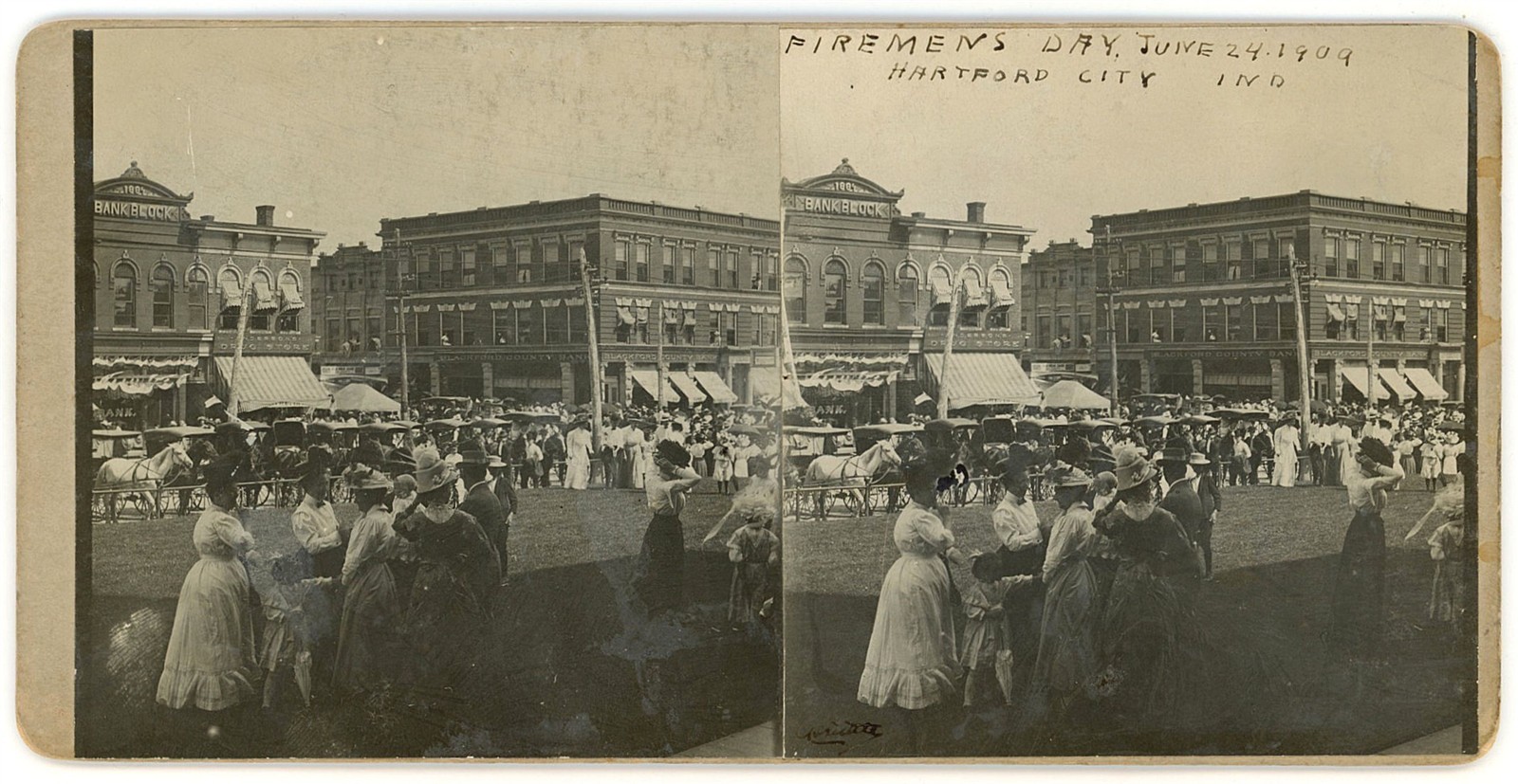INDIANA STEREOVIEW - Hartford City - Firemen's Day Celebration - CH Tuttle c1909