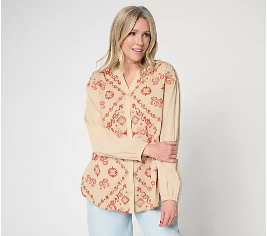 LOGO Lavish by Lori Goldstein Embroidered Button Front Split-V Blouse NWT LOGO Lavish by Lori Goldstein Embroidered Button Front Split-V Blouse NWT