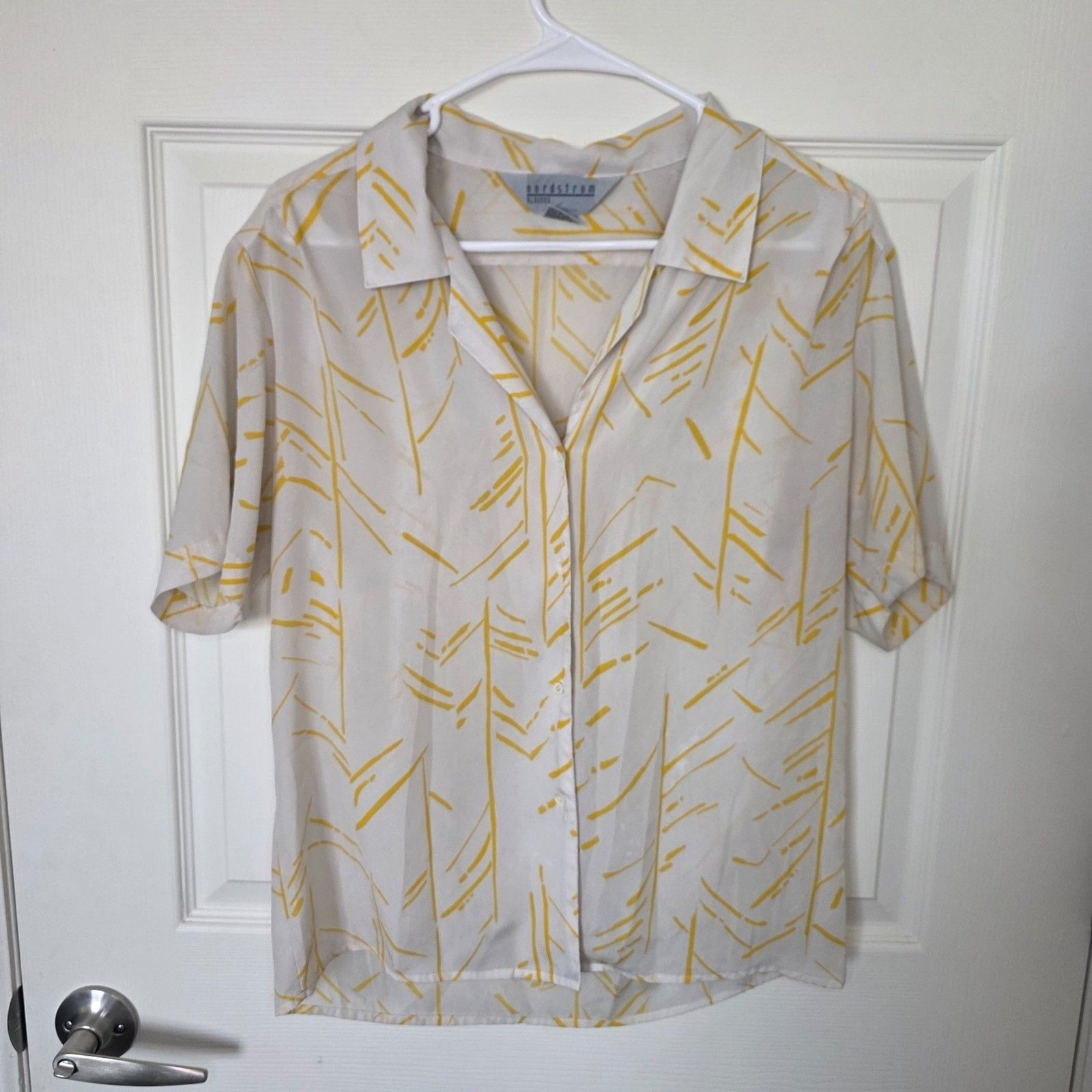 VTG 90s Nordstrom Blouses 10 Cream Yellow Abstract Camp Collar Crepe Shirt HK