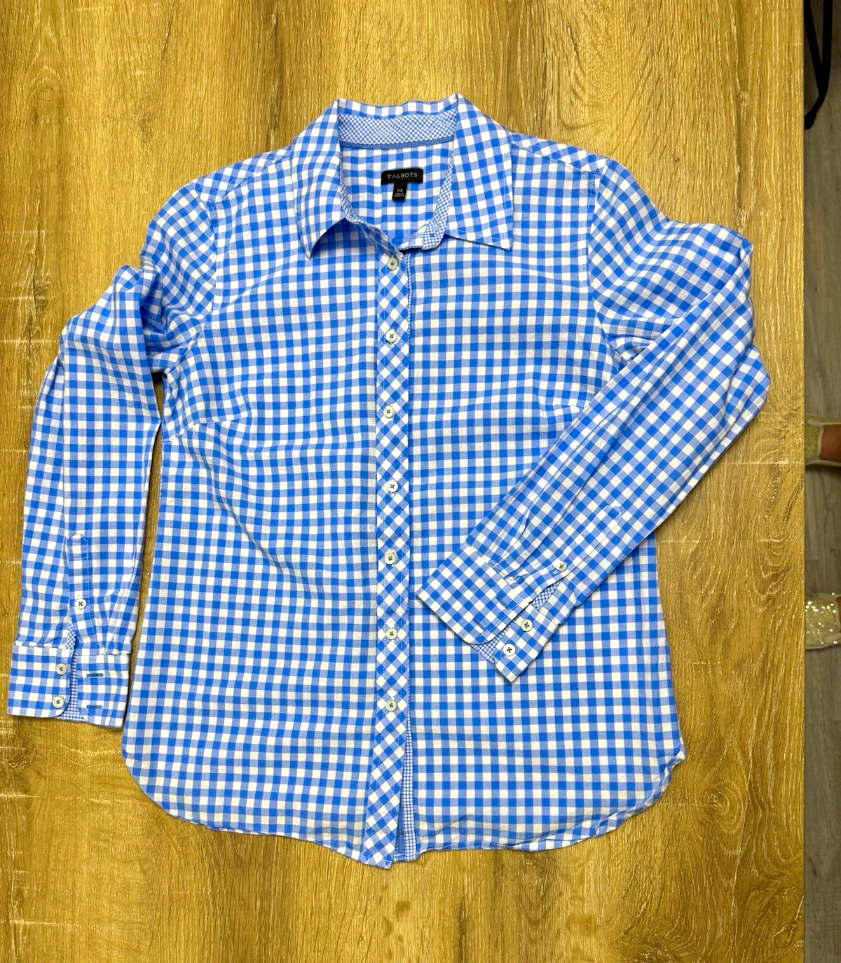 Talbots Women\'s XS Blue/White Gingham Collared Long Sleeve Button-Up Cotton Talbots Women\'s XS Blue/White Gingham Collared Long Sleeve Button-Up Cotton