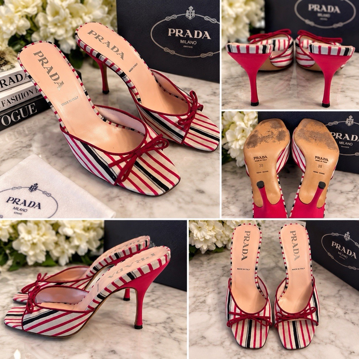 VINTAGE Prada Striped Silk Kitten Heel Mules EU 38 VINTAGE Prada Striped Silk Kitten Heel Mules EU 38