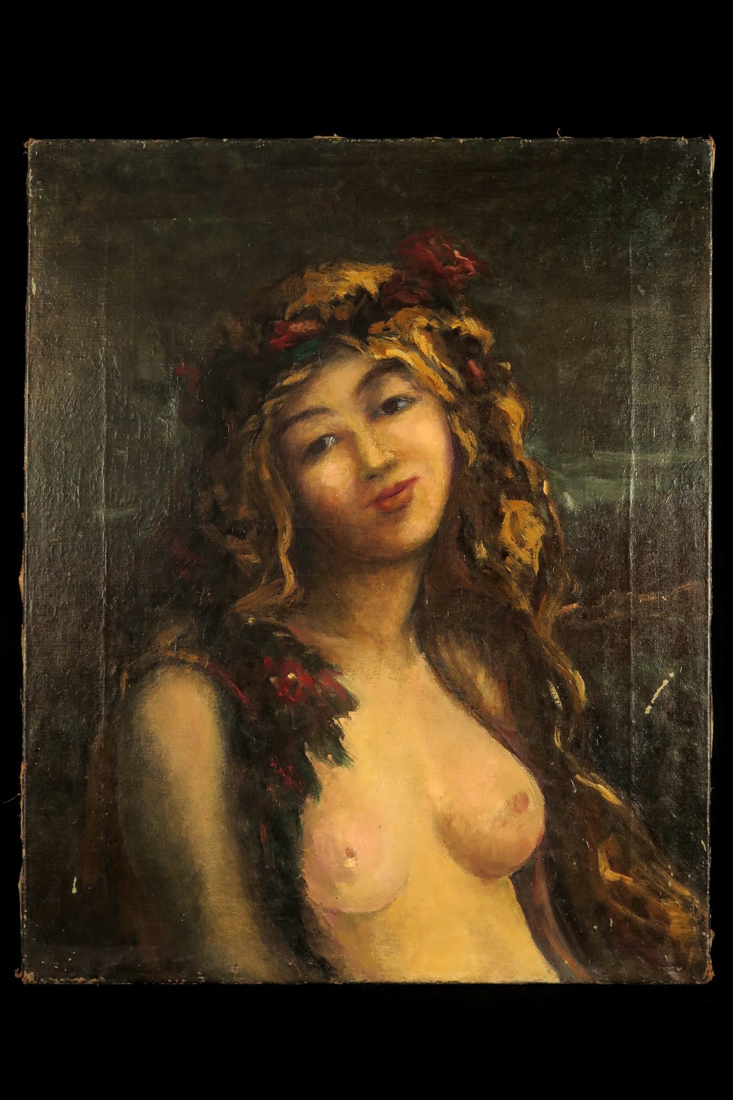 Antique Oil Painting On Canvas Circa 1900, Portrait Of A Young Nude Woman