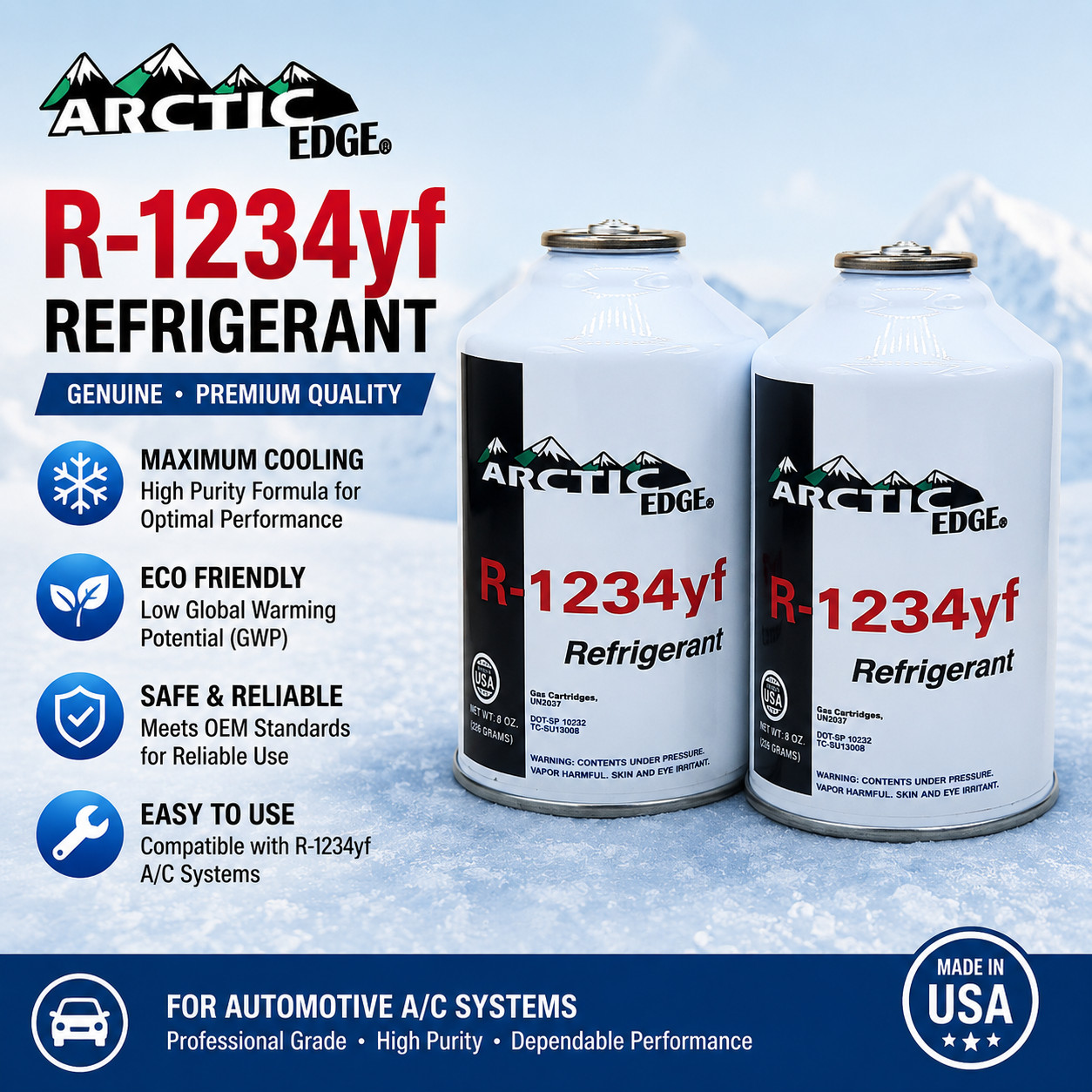 Arctic Edge Genuine R1234yf Refrigerant 8 oz Cans 2 Pack OEM Quality USA