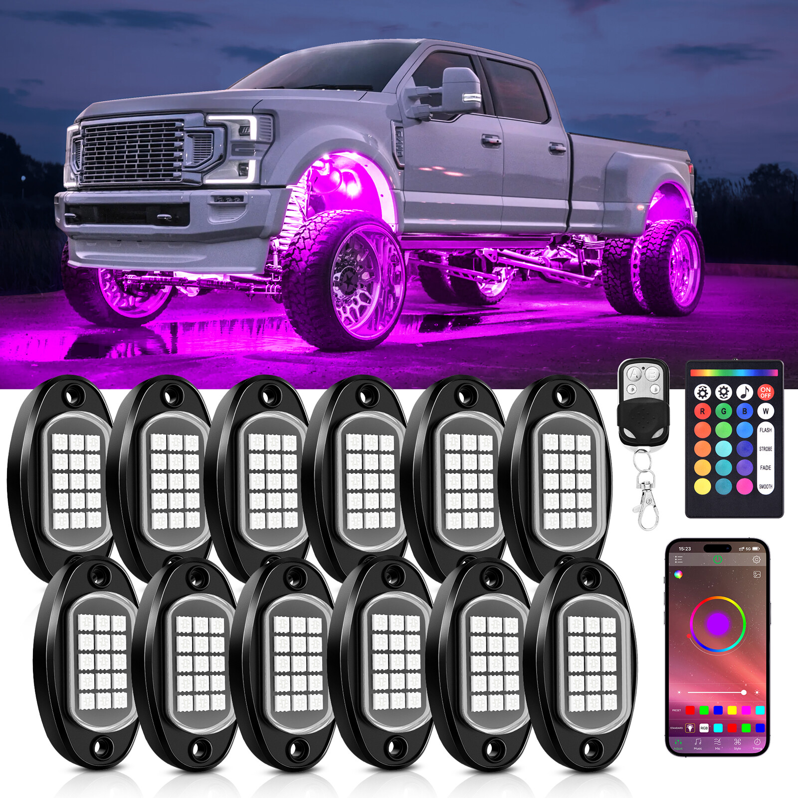 16 Pods RGB LED Rock Lights Wireless Bluetooth Remote Underglow Neon Light Truck