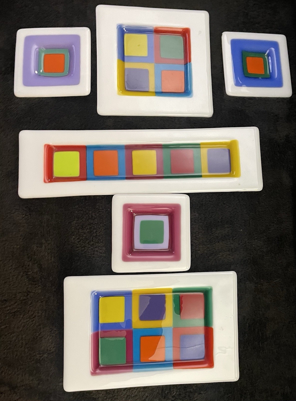 Colorful 6pc geometric fused art glass dish plate platter tray, Good Condition. Colorful 6pc geometric fused art glass dish plate platter tray, Good Condition.