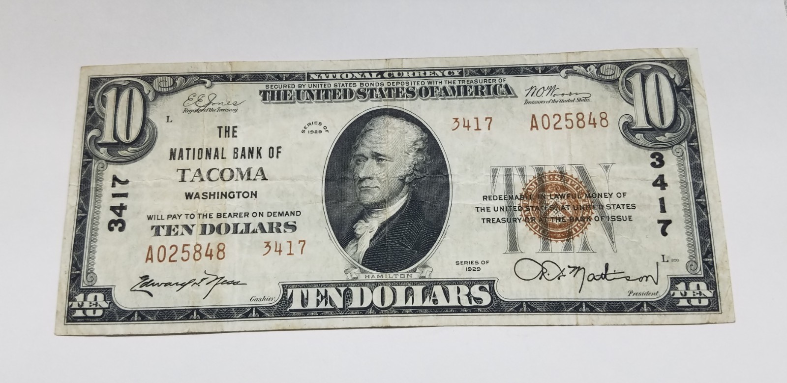 1929 $10 TYII THE NATIONAL BANK OF TACOMA, WA NATIONAL CURRENCY CH. #3417 1929 $10 TYII THE NATIONAL BANK OF TACOMA, WA NATIONAL CURRENCY CH. #3417