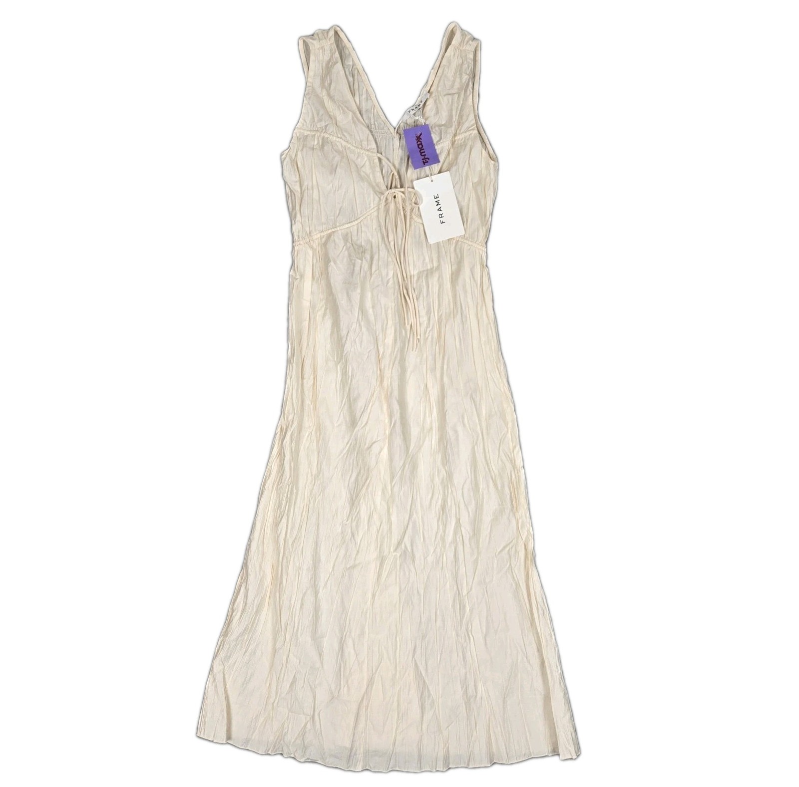FRAME Cinched Waist Crinkle Midi Dress Women XS V-neck Off White Drapey Boho NWT FRAME Cinched Waist Crinkle Midi Dress Women XS V-neck Off White Drapey Boho NWT