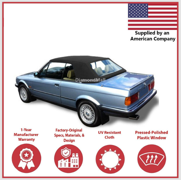 Fits BMW E30 Convertible Soft Top & Plastic Window 3 series 1986-1993 Blk CANVAS