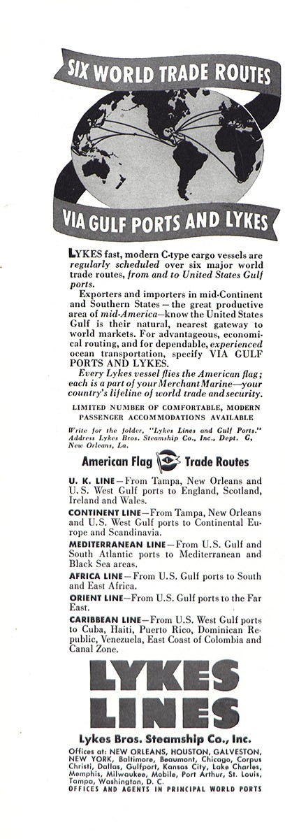 1948 Lykes Lines: Six World Trade Routes Vintage Print Ad 1948 Lykes Lines: Six World Trade Routes Vintage Print Ad