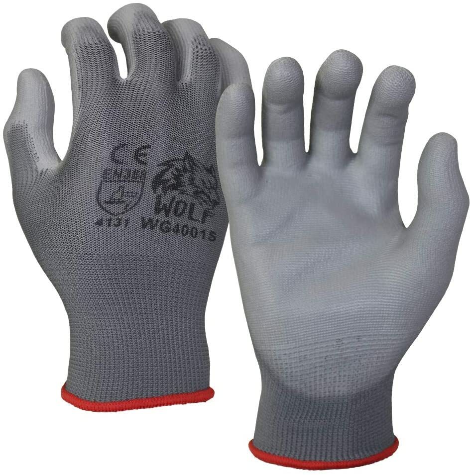WOLF Ultra-Thin Grey Work Gloves Polyurethane Palm Coated Nylon Shell 12 Pairs WOLF Ultra-Thin Grey Work Gloves Polyurethane Palm Coated Nylon Shell 12 Pairs