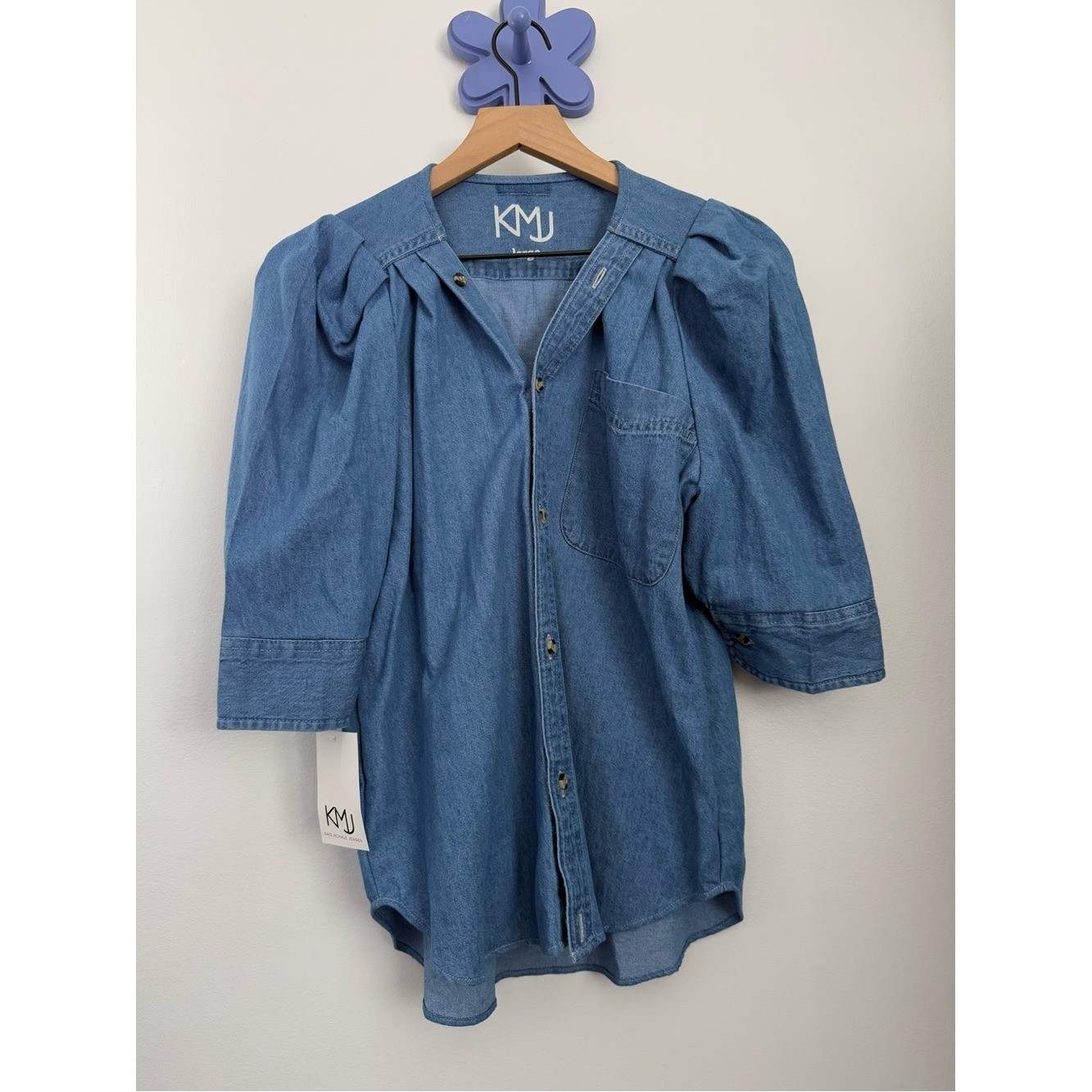 KMJ Large NEW Taylor Denim Shirt 3/4 Puff Sleeve Office Career Work Chambray KMJ Large NEW Taylor Denim Shirt 3/4 Puff Sleeve Office Career Work Chambray