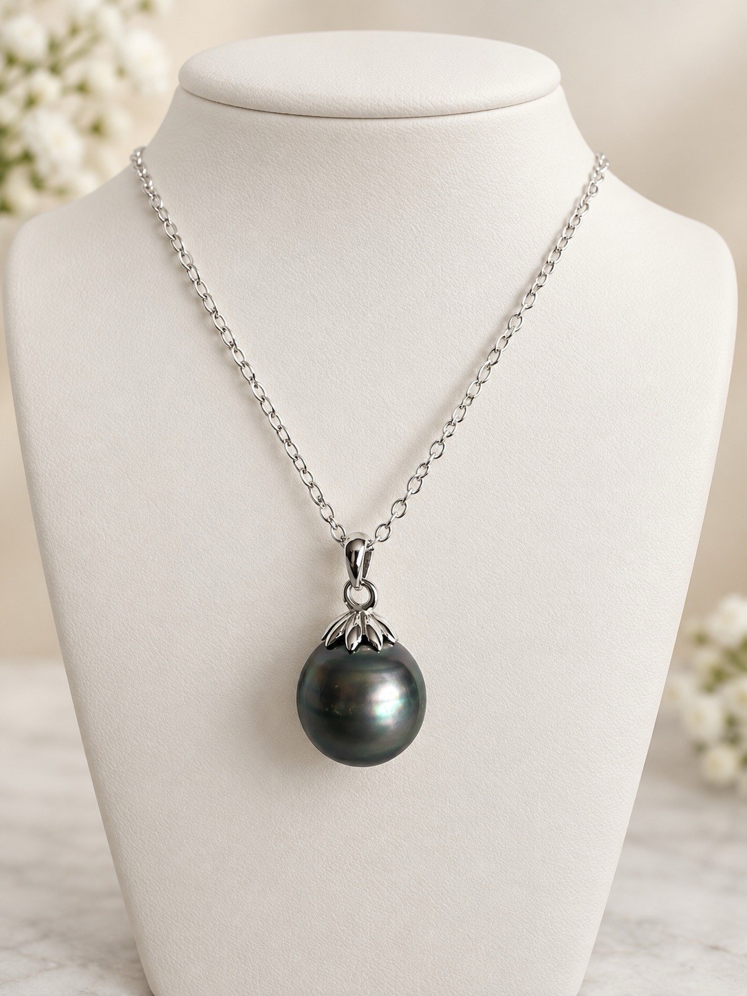 Tahitian pearl pendant Chain Necklace Grey Round Pearl Pendant Tahitian pearl pendant Chain Necklace Grey Round Pearl Pendant
