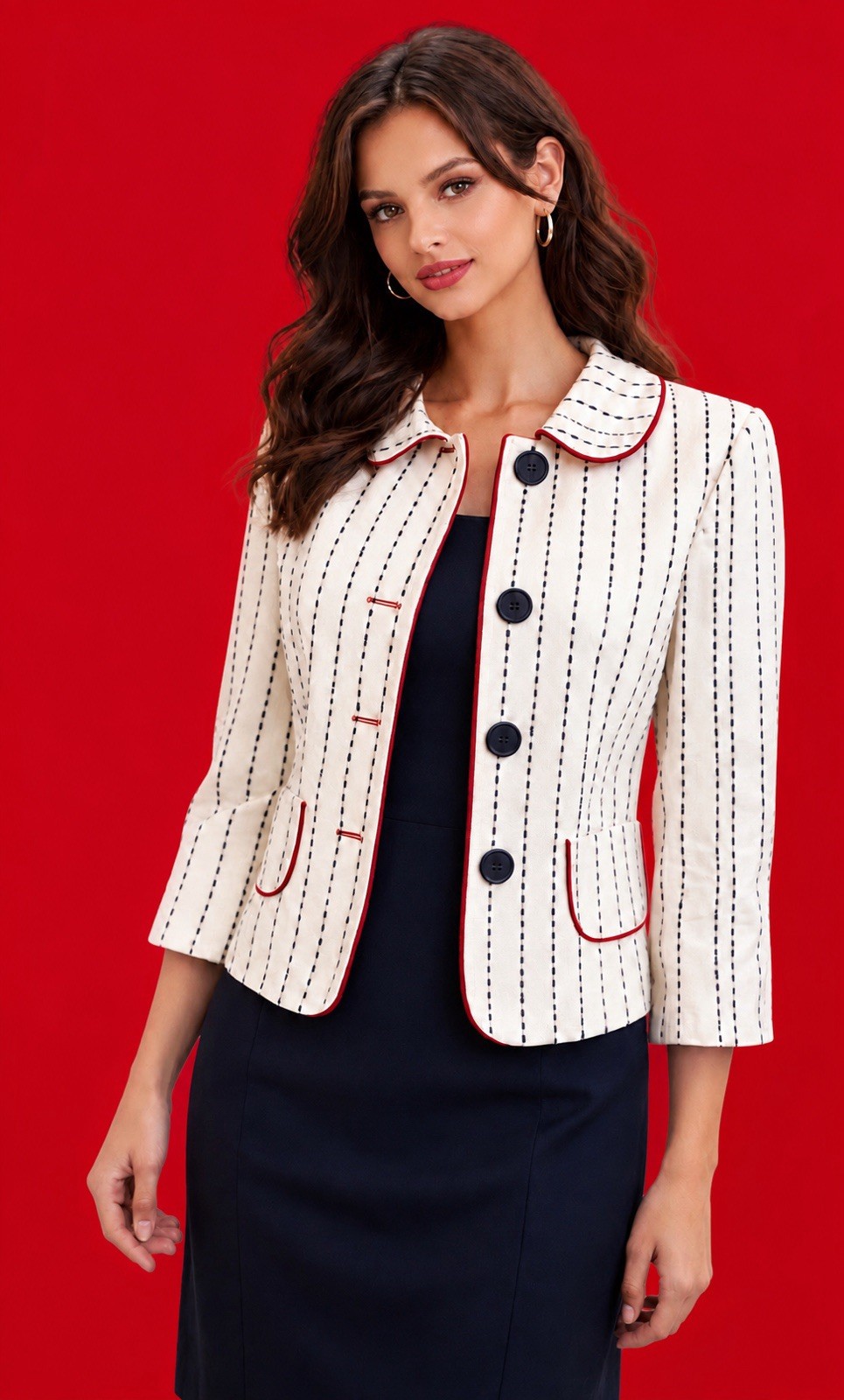 NEW Talbots Blazer Size 10 Cream Navy Stripe Peter Pan Collar Red Trim Cotton