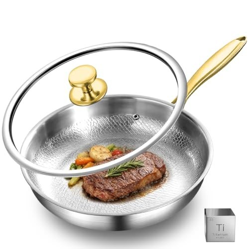 Pure Titanium Hammered Frying Pan with Lid, 12 Inch Skillet, No Coating Cookw...