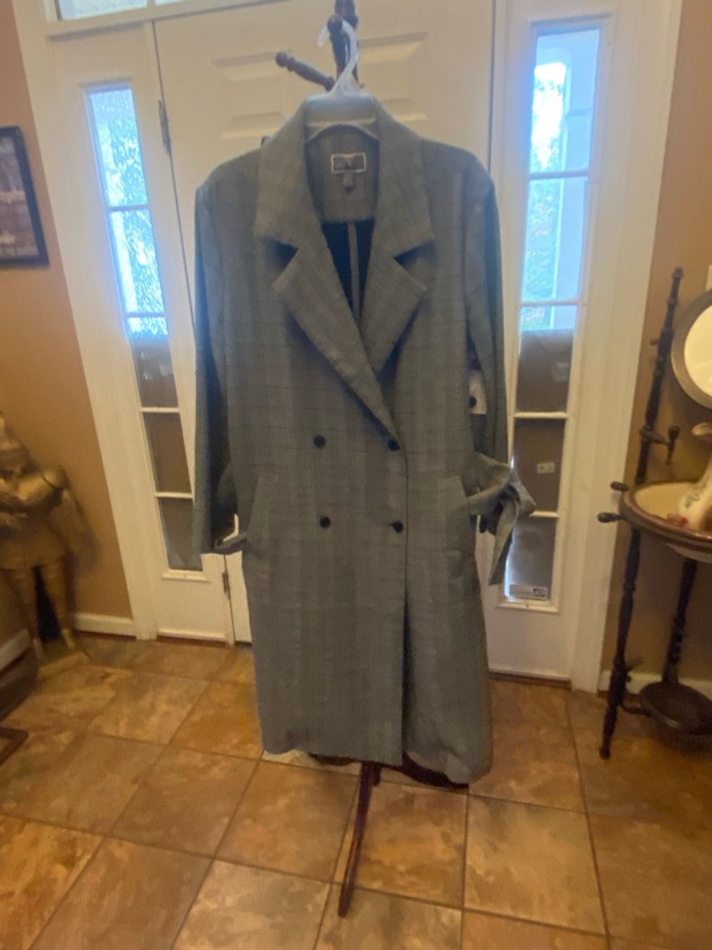 Women\'s Chelsea28 Gray Teal Plaid Trench Coat XL