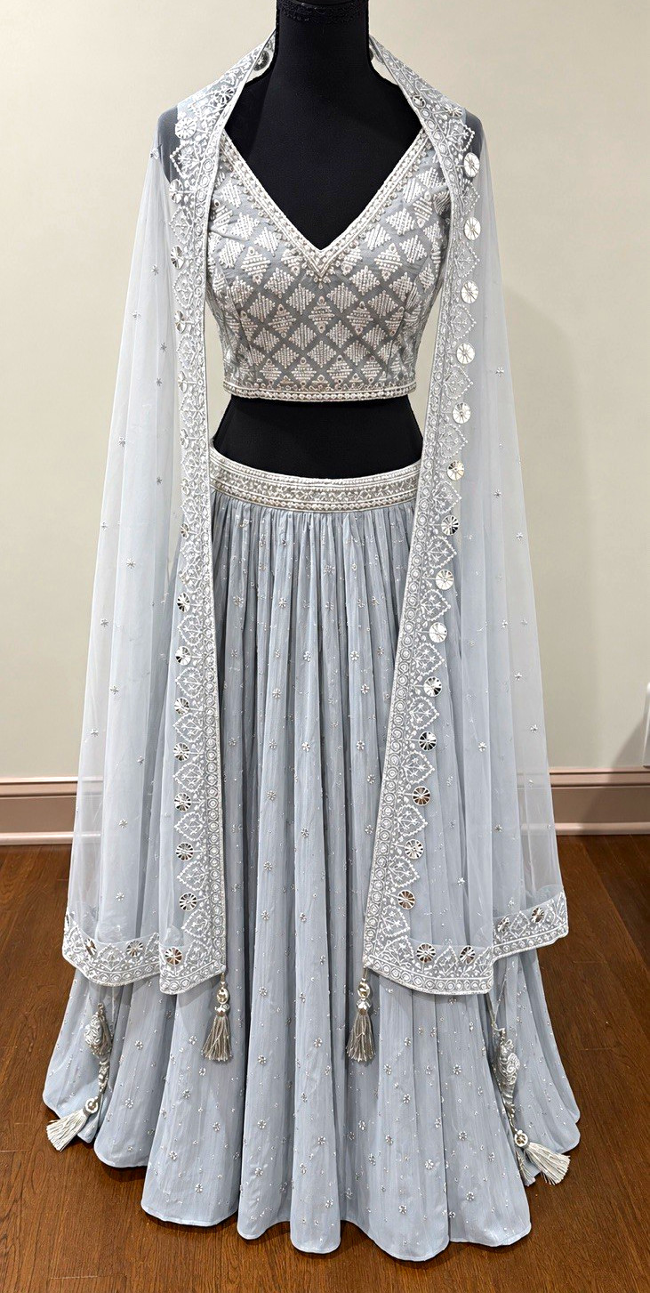 Handmade Women’s Gray Net Choli Lehenga Set w/ Net Dupatta Size M