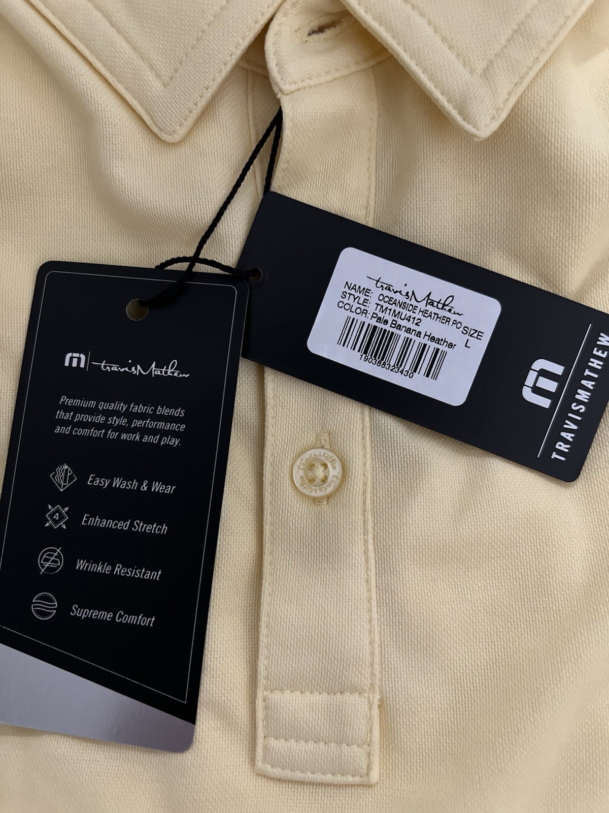 TravisMathew Men\'s Yellow Solid Short Sleeve Polo Shirt L Logo Button Oceanside