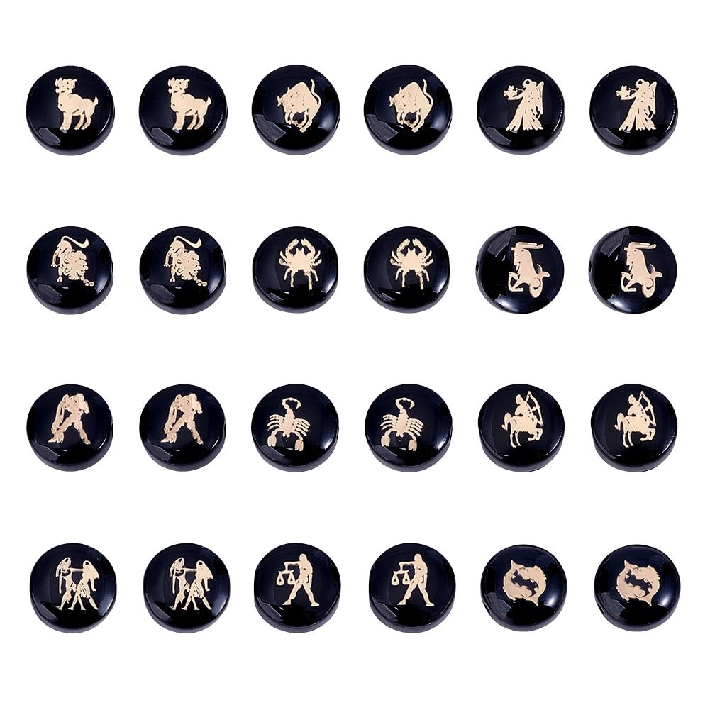 24Pcs 12 Constellations Beads Double Side Flat Round Zodiac Beads Black Constell 24Pcs 12 Constellations Beads Double Side Flat Round Zodiac Beads Black Constell