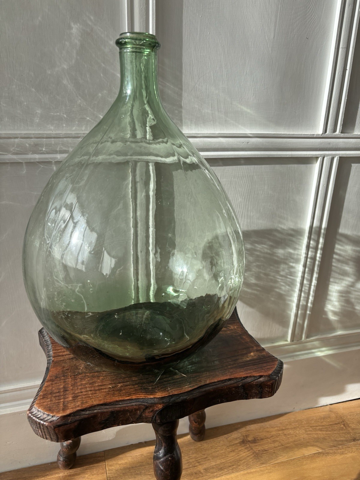 Antique French Glass Green Demijohn Dame Jeanne Mouth Blown Air Bubbles 15 Litre