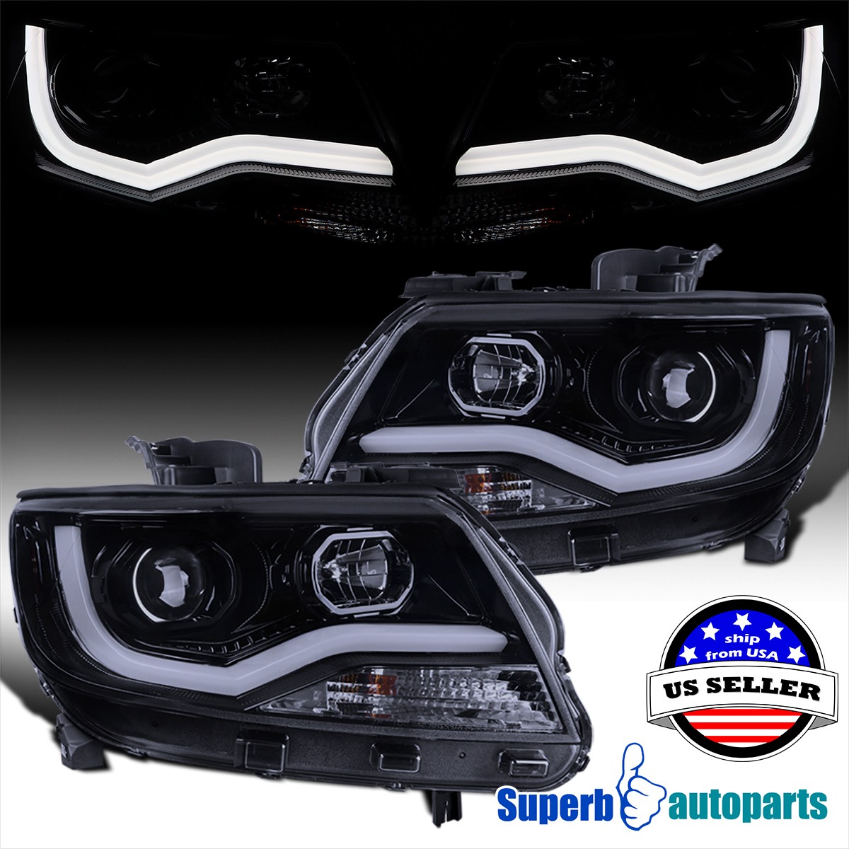 Fits 2015-2022 Chevy 15-21 Colorado Glossy Black Projector Headlights LED Bar Fits 2015-2022 Chevy 15-21 Colorado Glossy Black Projector Headlights LED Bar