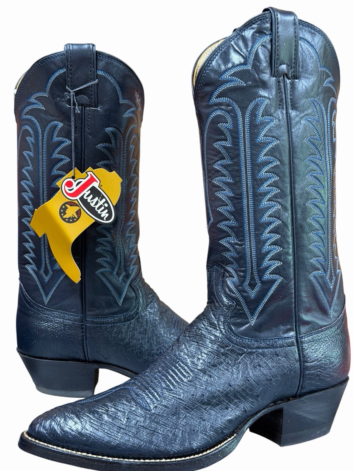 Justin Vintage NOS Navy Smooth Ostrich Cowboy Boots Mens 8.5D USA Box A43 Justin Vintage NOS Navy Smooth Ostrich Cowboy Boots Mens 8.5D USA Box A43
