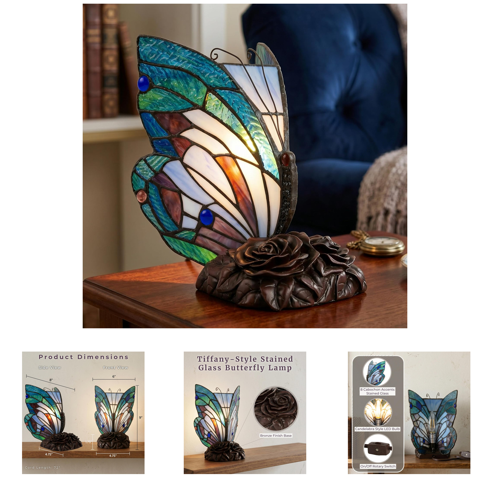 9 Inch Tiffany Style Table Lamp with Stained Glass Butterfly Shade, Handcrafted 9 Inch Tiffany Style Table Lamp with Stained Glass Butterfly Shade, Handcrafted